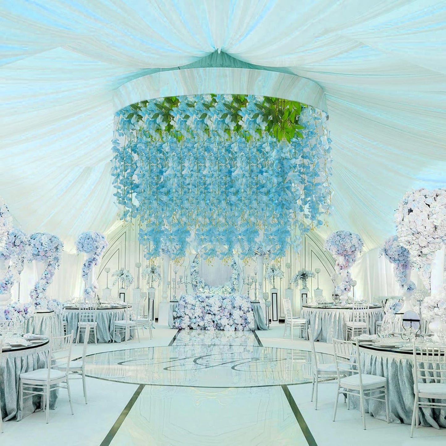 24 Pack Lake Blue Wisteria Hanging Flowers, 3.4 Ft Fake Hanging Flowers, Artificial Wisteria Garland Vines for Wedding Room Backdrop Outdoor Patio Garden Decoration