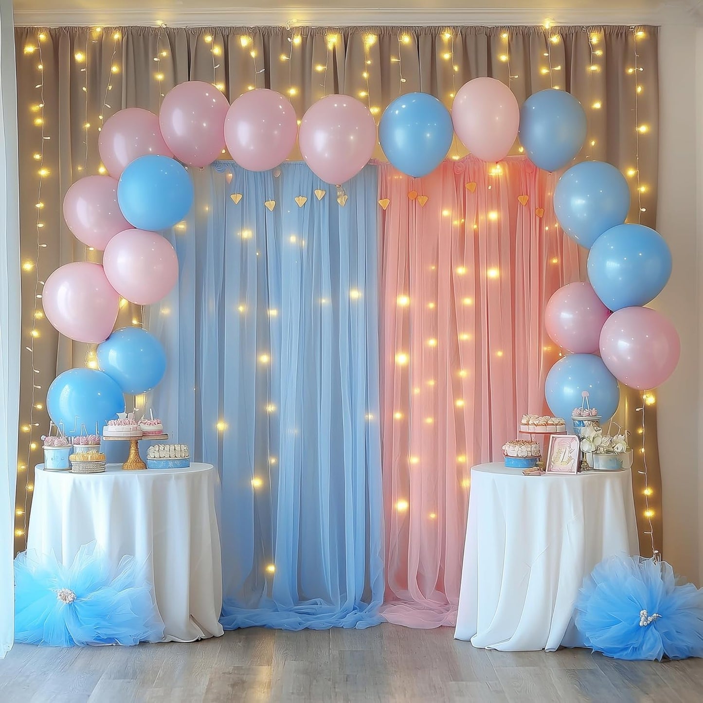 Fomcet Tulle Curtains with Lights String Pink and Blue 10FT X 10FT Sheer Backdrop Curtains for Parties Wedding Baby Shower Photo Shoot Decorations (2 Panels 5 x 10FT)