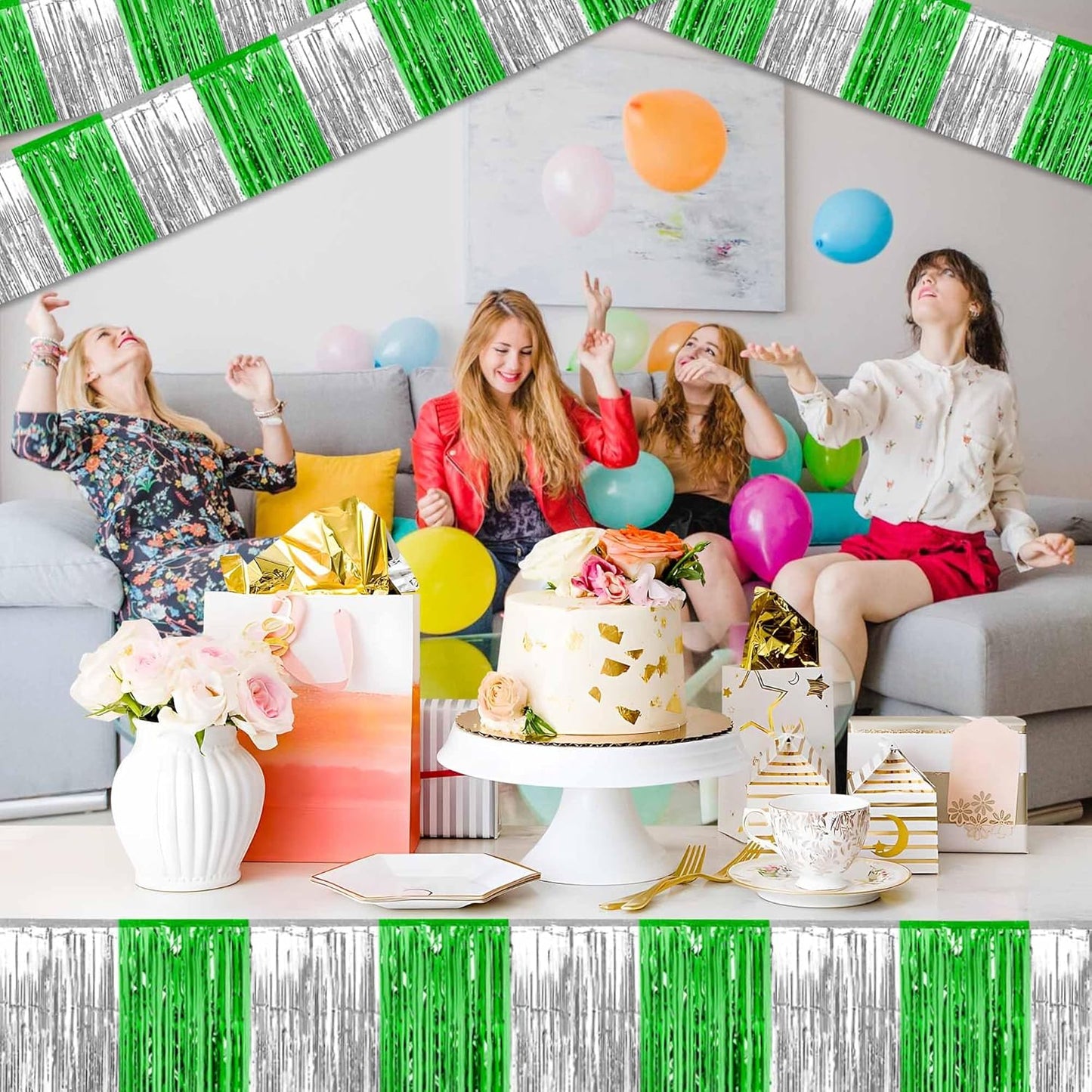 4 Pack 10 Ft Silver Green Foil Fringe Garland Metallic Streamers Tinsel Banner Wall Hanging Garland Backdrop for Parade Floats, Halloween, Christmas, Thanksgiving, New Year Party Decorations