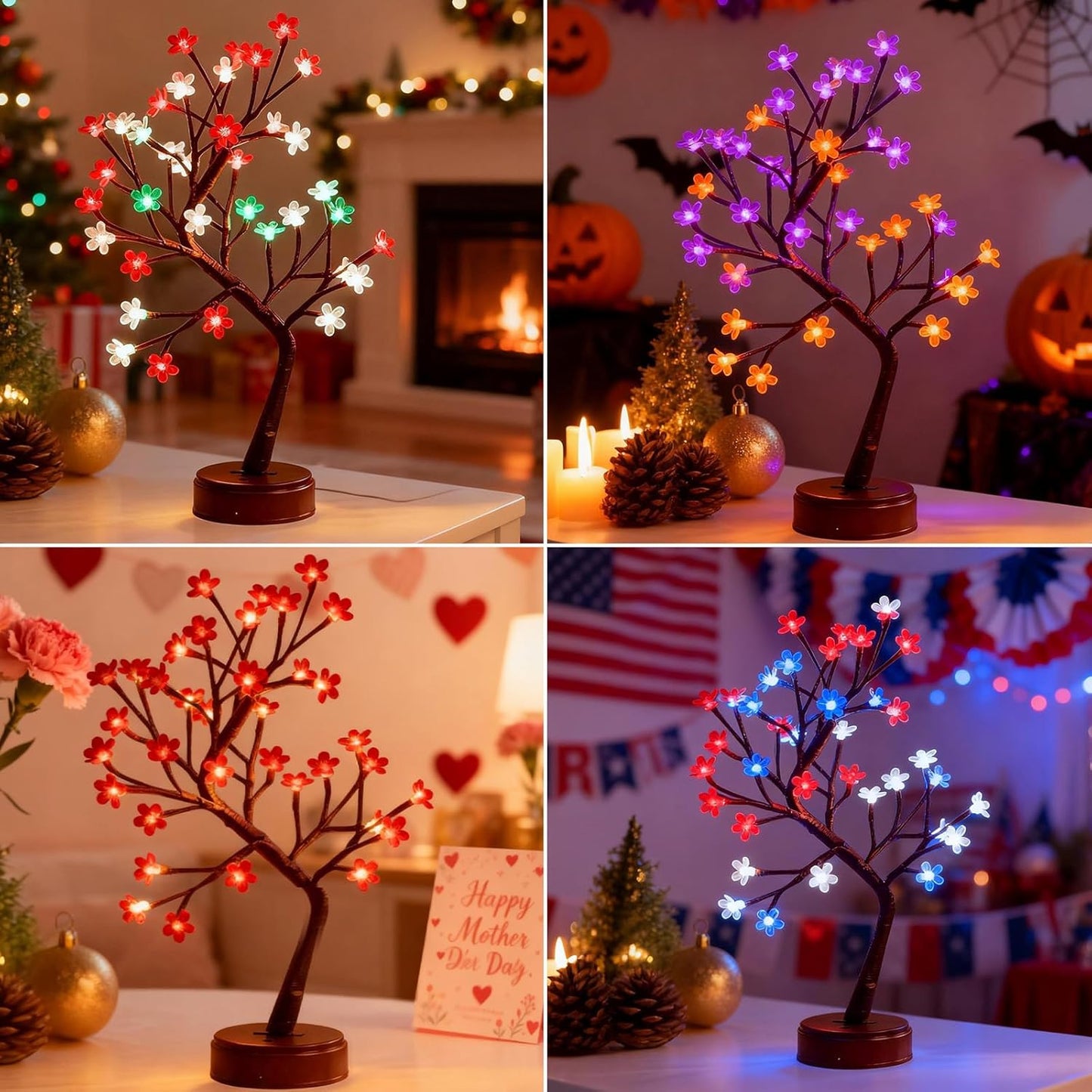 Pooqla RGB Cherry Blossom Tree Light with Remote 28 Colors LED Artificial Flower Bonsai Tree, RGB Table Top Lamp Home Lit Tree Valentine's Day Christmas Decoration 36 LED, Brown Branch