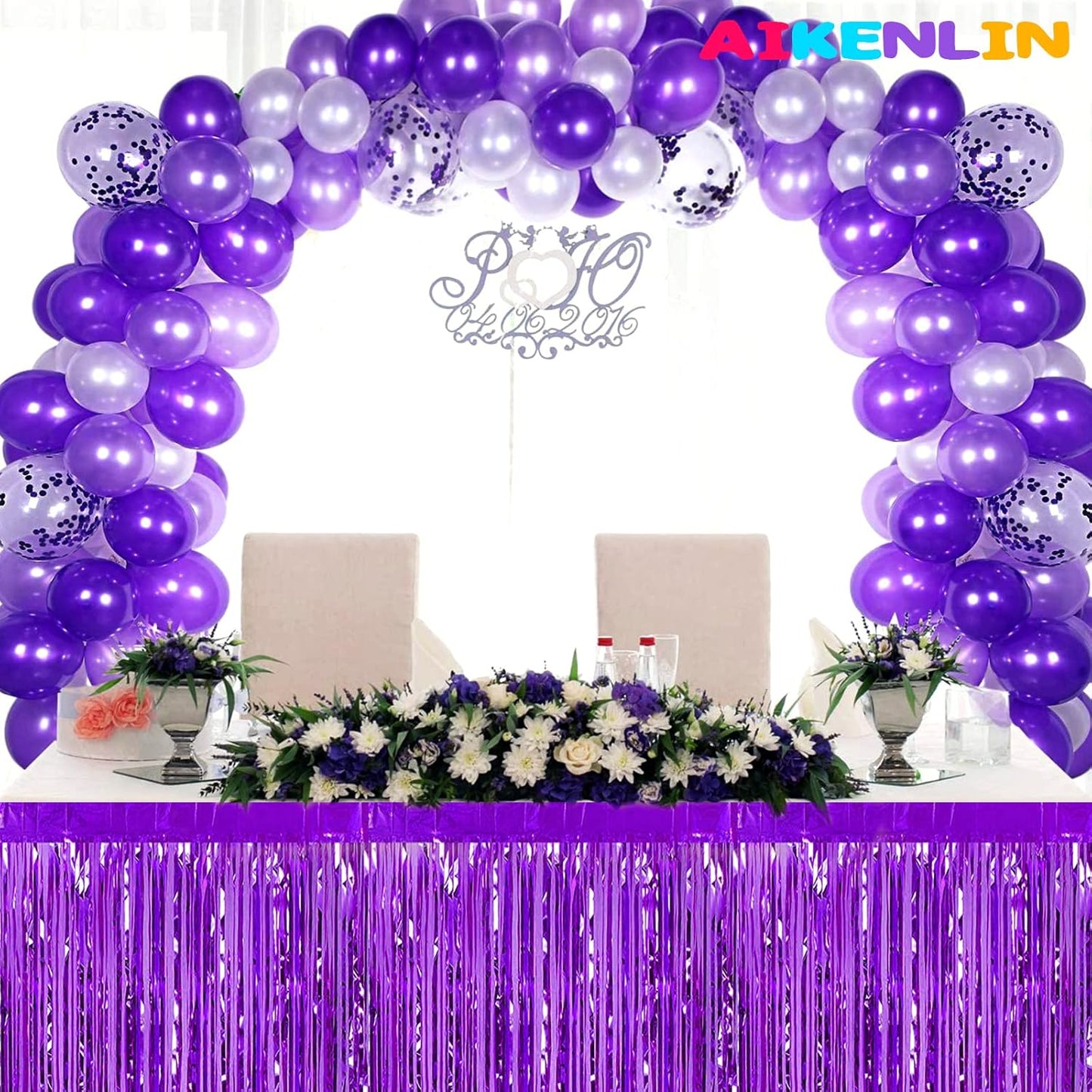 6 Pack 29x108 Inch Metallic Foil Fringe Tinsel Table Skirts Banner for Rectangle Tables Streamer Garland Curtains Backdrop for Wedding, Birthday, Parade Floats, Halloween Party Decoration(Purple)