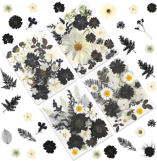 90P Black & White Dried Flowers for Crafts, Real Natural Pressed Flowers in Halloween-Style Tones for Resin Art, DIY Crafts, Jewelry & Candle Decor – Tweezers Included