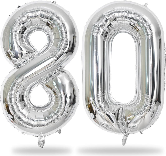 Silver 80th Birthday Balloons for Men, 40 Inch Mylar Self Inflating 80 Balloon Numbers, Large Foil 8 and 0 Helium Number Balloons for Women Birthday Party Decorations 80 Anniversary Decor Supplies
