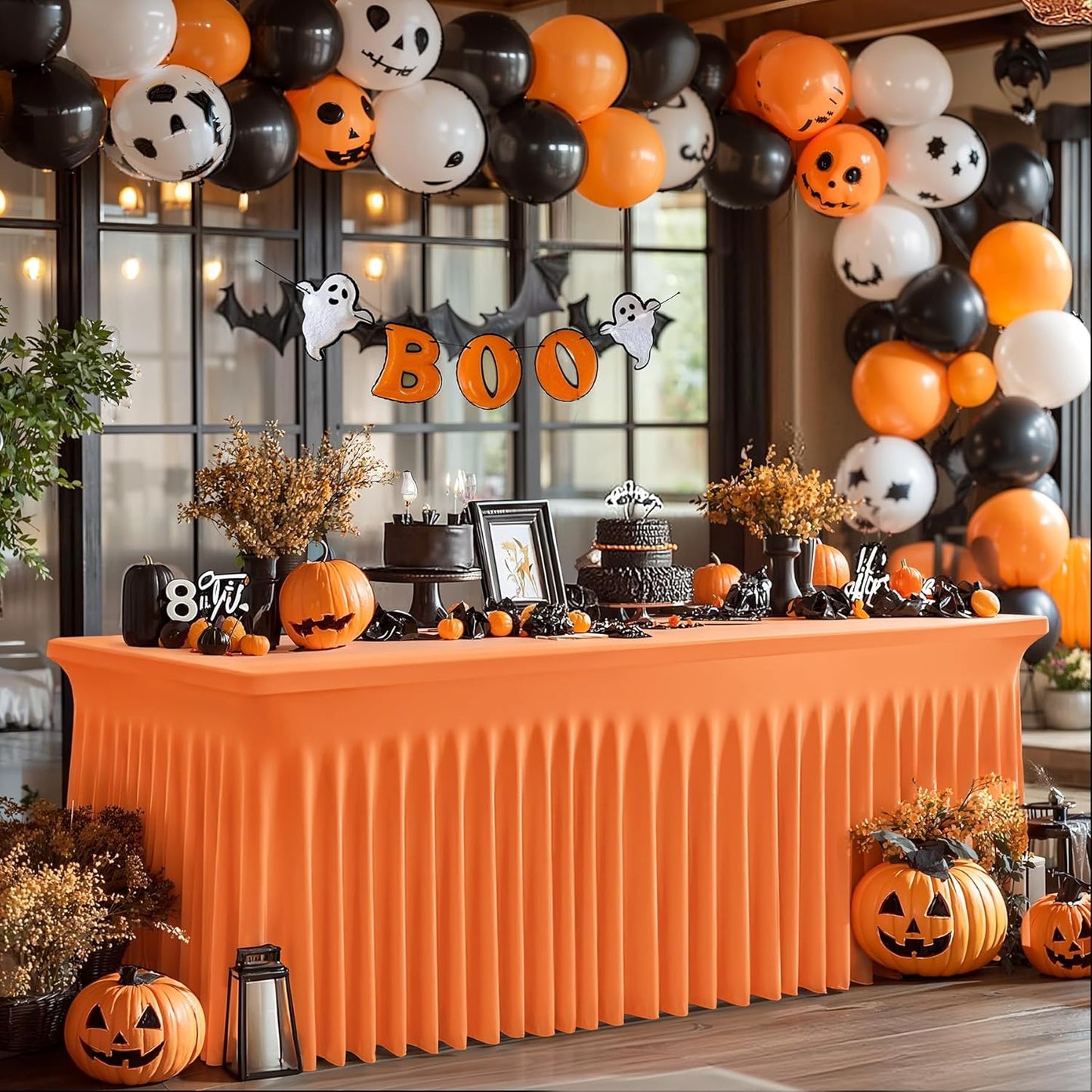 Wish Care 2 Pack Orange Spandex Table Clothes for 6 Foot Rectangle Tables, 6FT Wrinkle Free Fitted Tablecloths Ruffles Design Table Cover for Party, Banquet, Wedding and Events