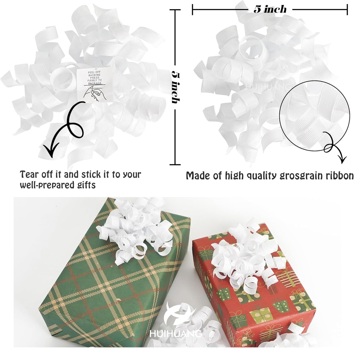 HUIHUANG White Bows for Gift Wrapping, White Curly Ribbon Bows Self Adhesive Burst Gift Bow for Christmas Presents, Wine Bottle, Treat Bags, Bridal Shower Wedding Party Favor - 6 Counts