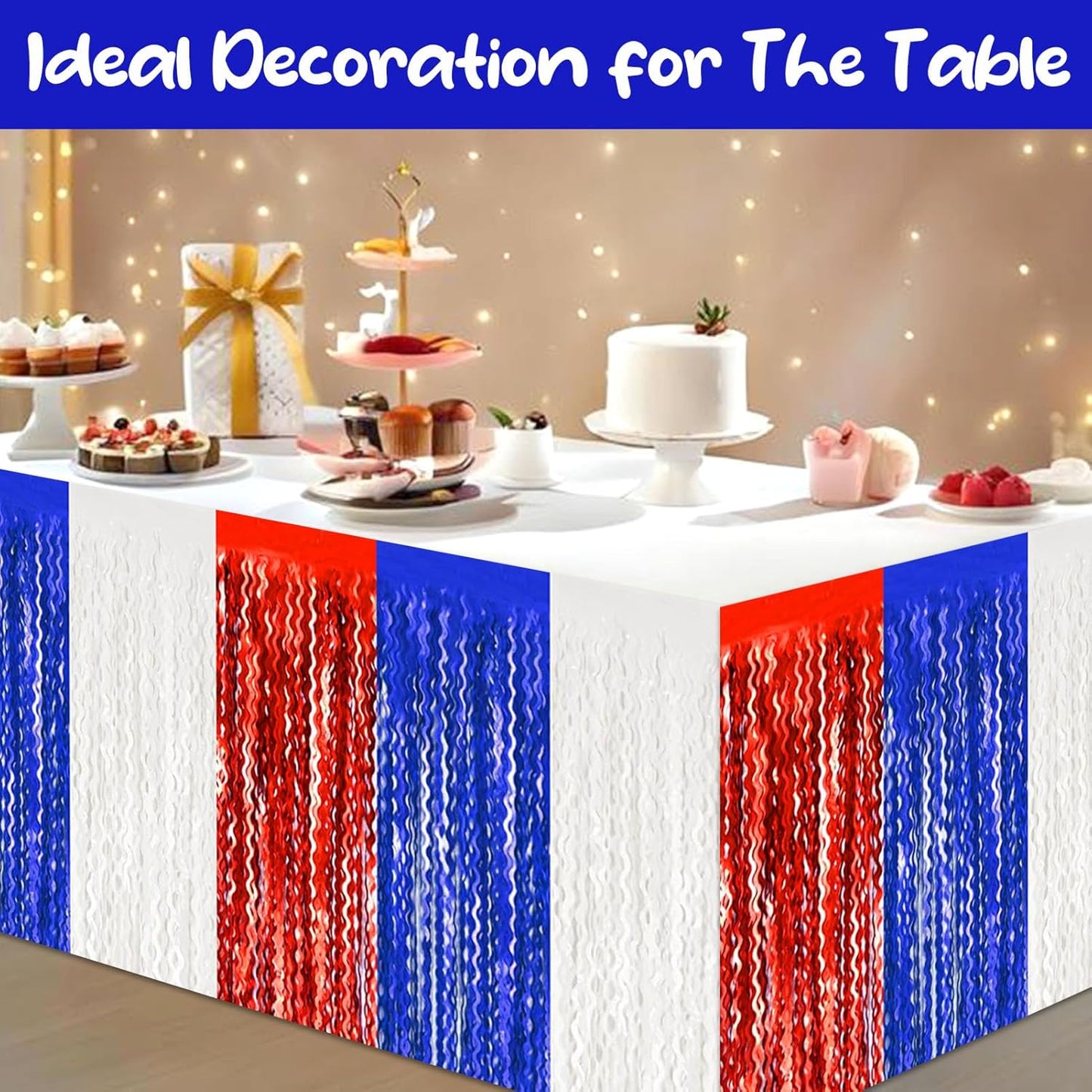 6 Pack 29 x108 Inch White Blue Red Wave Foil Fringe Table Skirts Metallic Banner for Tinsel Streamer Garland Backdrop for Parade Floats, Mother's Day, Easter, Wedding, Birthday Party Decoration