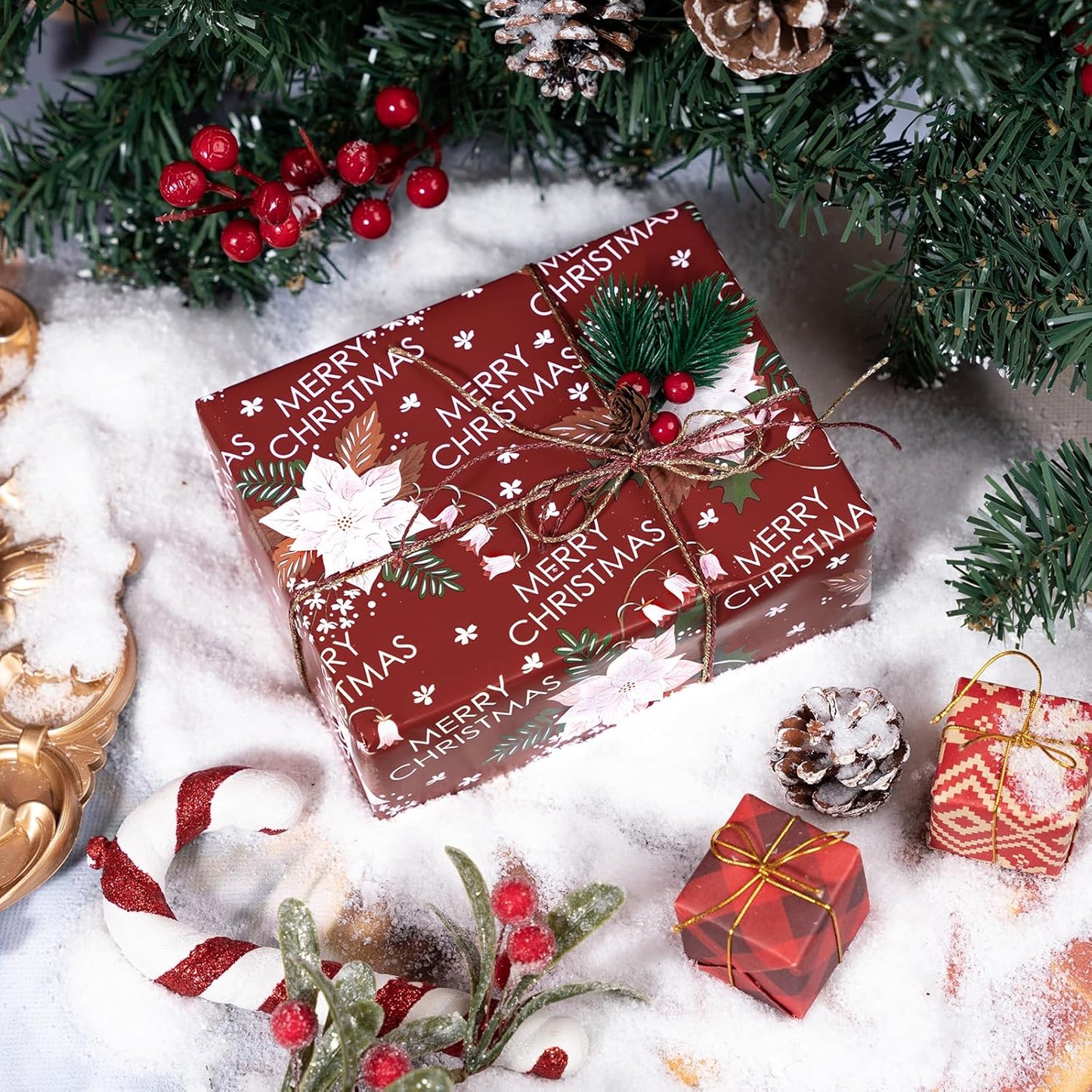 LeZakaa Christmas Wrapping Paper Roll - Red Flower & Merry Christmas Letter Pattern for Holiday, Party - 17 inches x 32.8 Feet (46.45 sq.ft.)