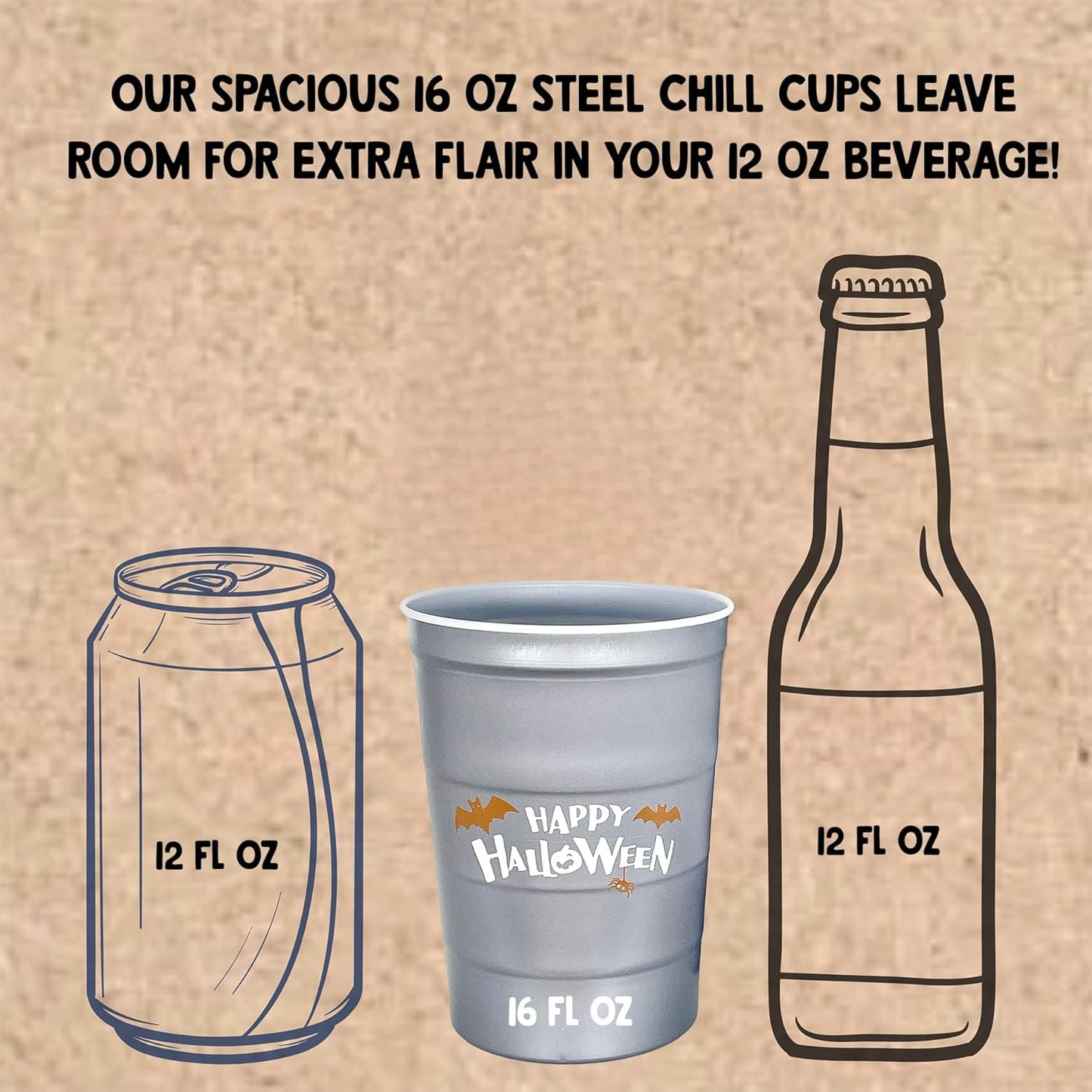 16 oz. Party Cups 'Happy Halloween' Ghost Design for Cold Drinks, Durable, Disposable, Recyclable, Made in USA, Gray, 12 Count