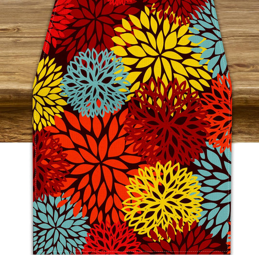 Red Yellow Dahlia Table Runner, Seasonal Autumn Thanksgiving Pattern Print for Home Kitchen Table Decor Dining Coffee Room Party Decor 13x120 Inch