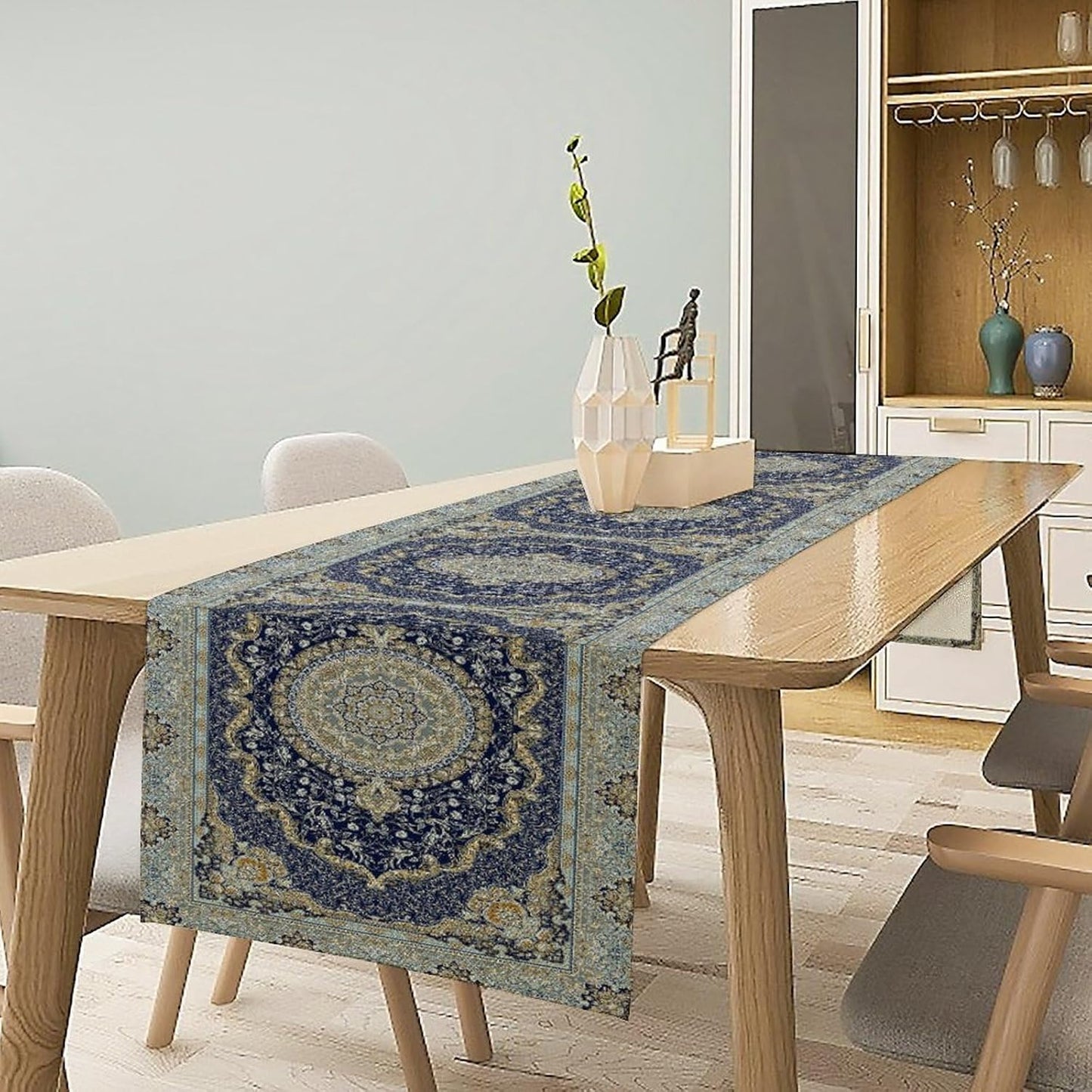 Boho Bohemia Style Blue Teal Table Runner, Country Rustic Farmhouse Magical Abstract Print Pattern for Home Kitchen Table Decor Dining Coffee Room Garden Party Decor 13x60in