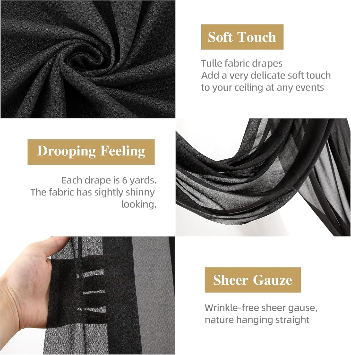 Black Wedding Arch Draping Fabric 2 Panels 19 FT Arch Drapes Sheer Backdrop Curtains Panels for Wedding Ceremony Party Ceiling Decoration