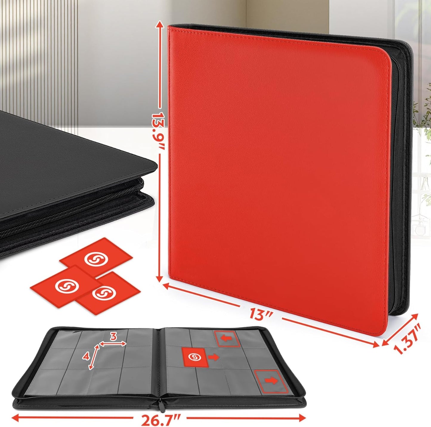 SMYV 12 Pocket Trading Card Binder, Premium PU Cover Card Binder for 720 Cards, Ringless Side Loading Card Collection Album Folders for MTG, TCG, Game Cards & Sports Cards (Red)