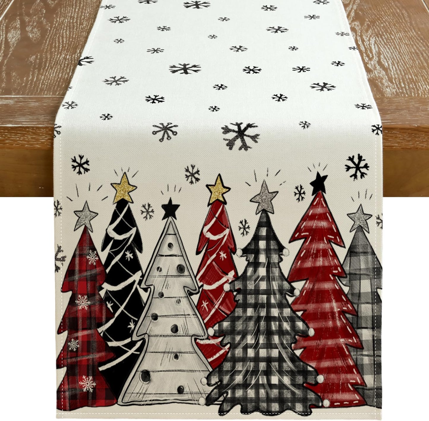 GEEORY Christmas Table Runner 13x120 Inch, Xmas Tees Snowflakes Holiday Decorative Farmhouse Table Decoration for Kitchen Dinning, Indoor Outdoor Dinner Party Decor ((Red & Black) GT165-120