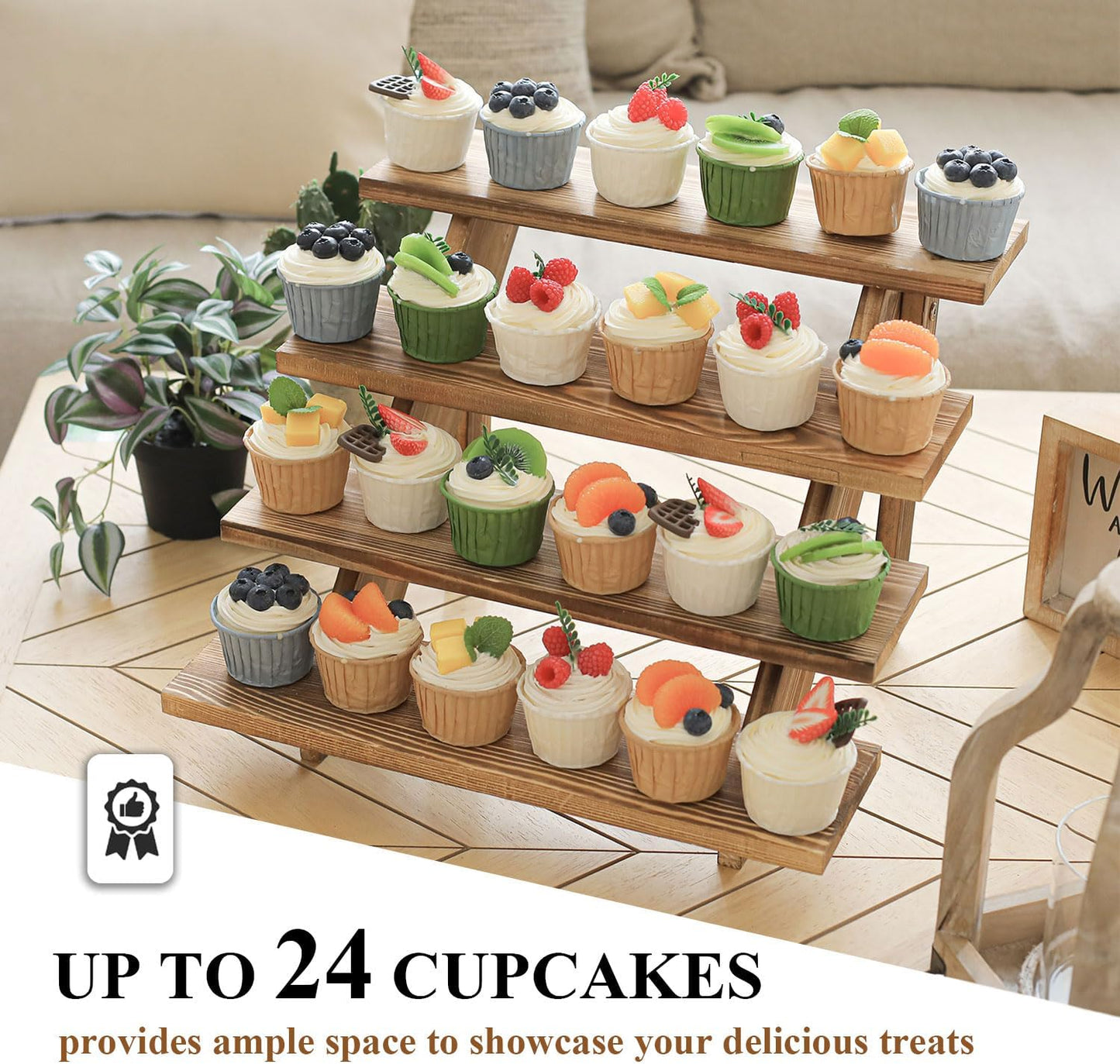 Swallowliving 2pcs Wooden Rustic Cupcake Stand for 24 Cupcakes, Stepped Wood Display Stand for Weddings, Tiered Party Table Display Riser for Food, Dessert, Cookie, Decor, Craft Show, Burnt