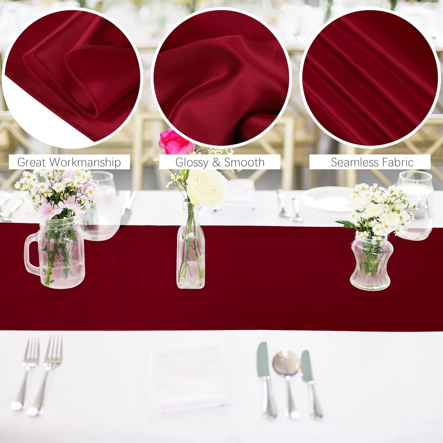 Aneco 16 Pack Satin Table Runner 12 x 108 Inch Burgundy Long Wedding Satin Silk Table Runner for Wedding Banquet Graduations Birthday Party Decoration