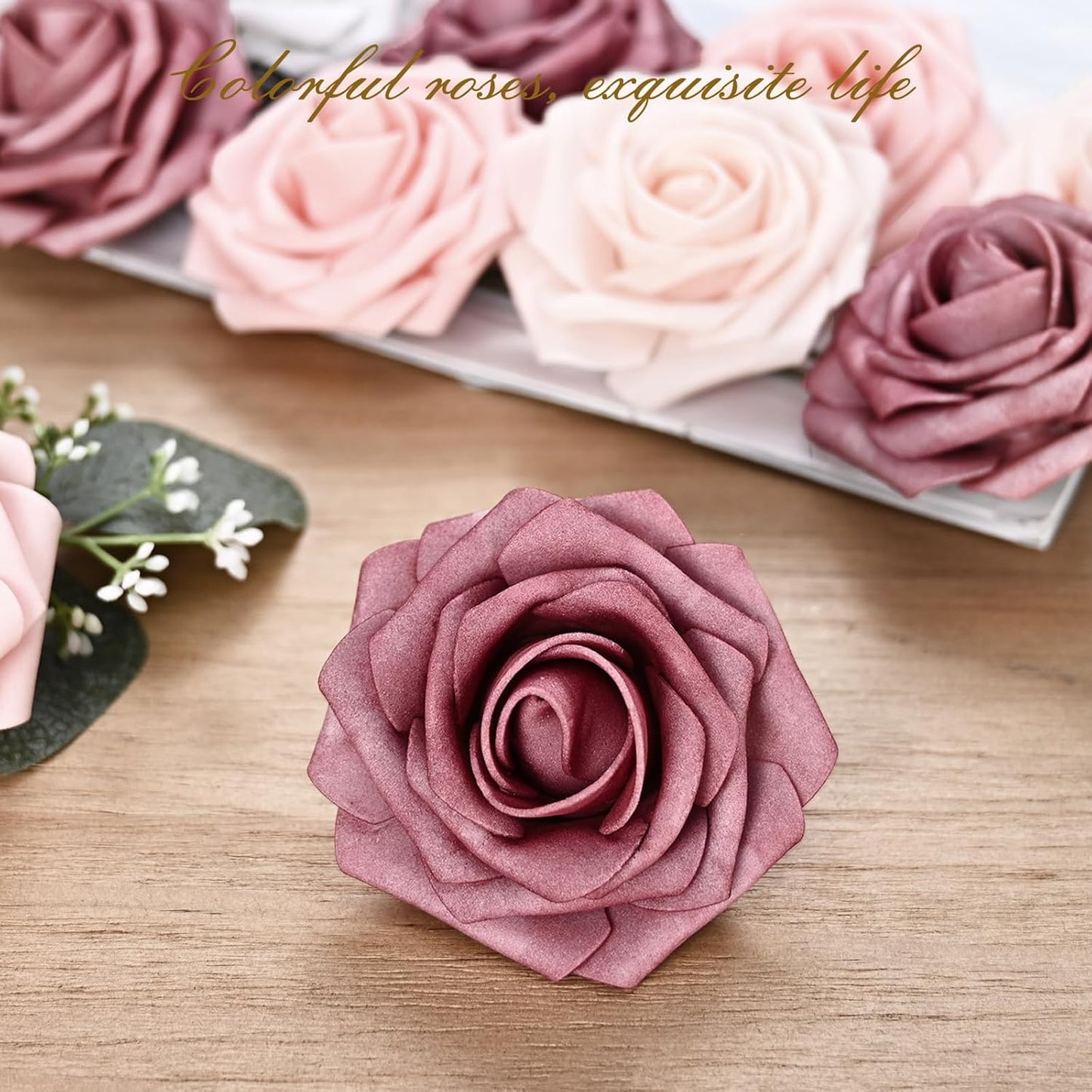BLEUM CADE 16Pcs Artificial Flowers Fake Roses with Stems, Gradient Dusty Rose Boxed Foam Roses for DIY Bouquets Centerpieces Wedding Party Arrangement Bridal Shower Decor