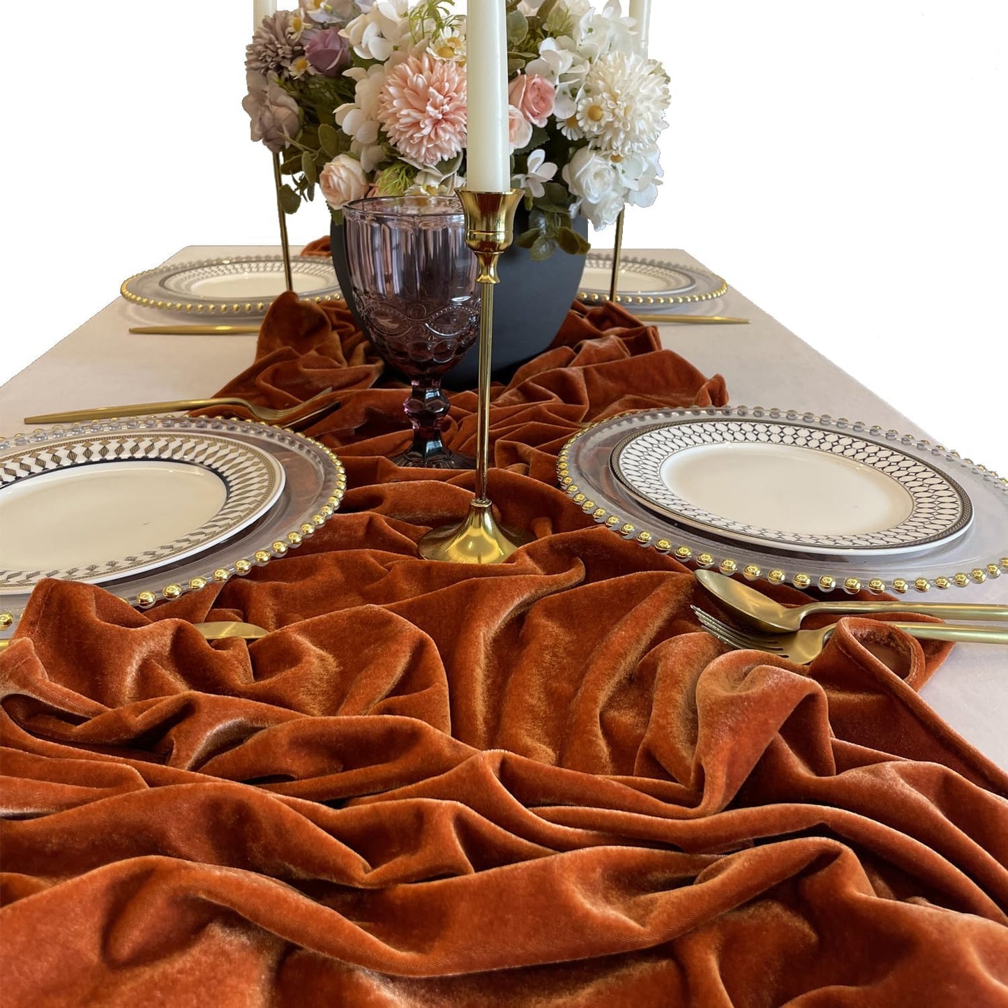 Luxurious Velvet Table Runner, Terracotta 120 Inches Wedding Table Runners, 10ft Velvet Home Party Table Decorations