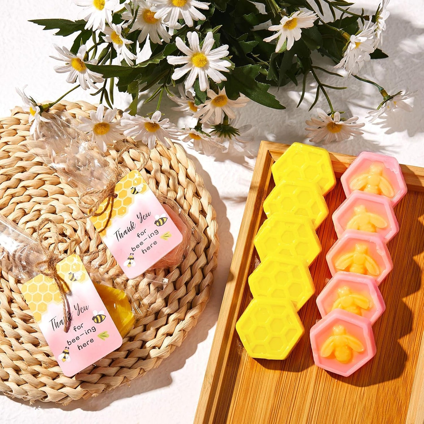 48 Set Baby Shower Favors Bee Party Favors Including Honeycomb Soap with Thank You Card Gift Honey Soap for Guest Gender Reveal Honey Gift Birthday Party Decorations (Pink,Yellow)