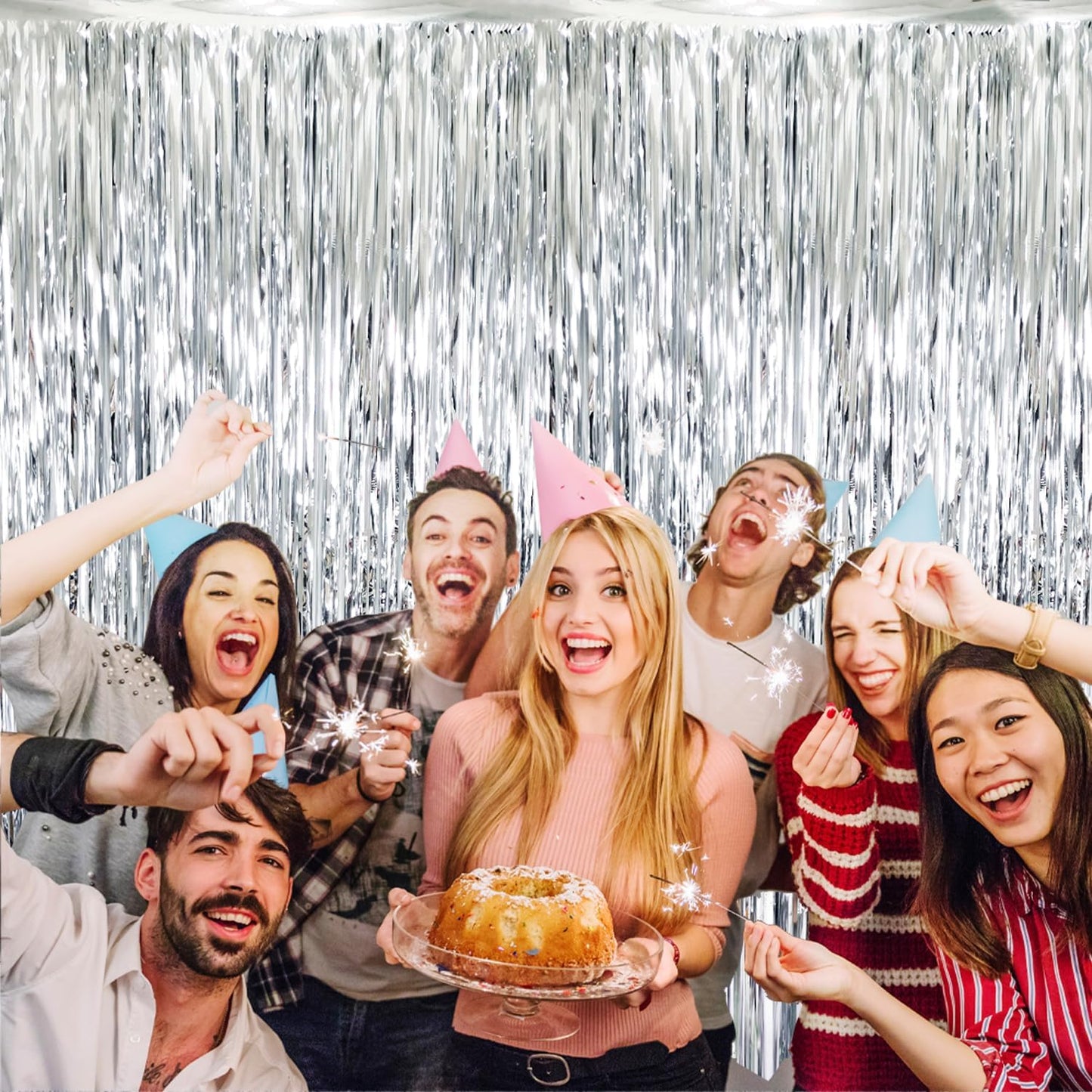 GOER 3.2 ft x 8.2 ft Metallic Tinsel Foil Fringe Curtains Party Photo Backdrop Party Streamers for Birthday,Graduation,New Year Eve Decorations Wedding Decor (Silver,3 pcs)