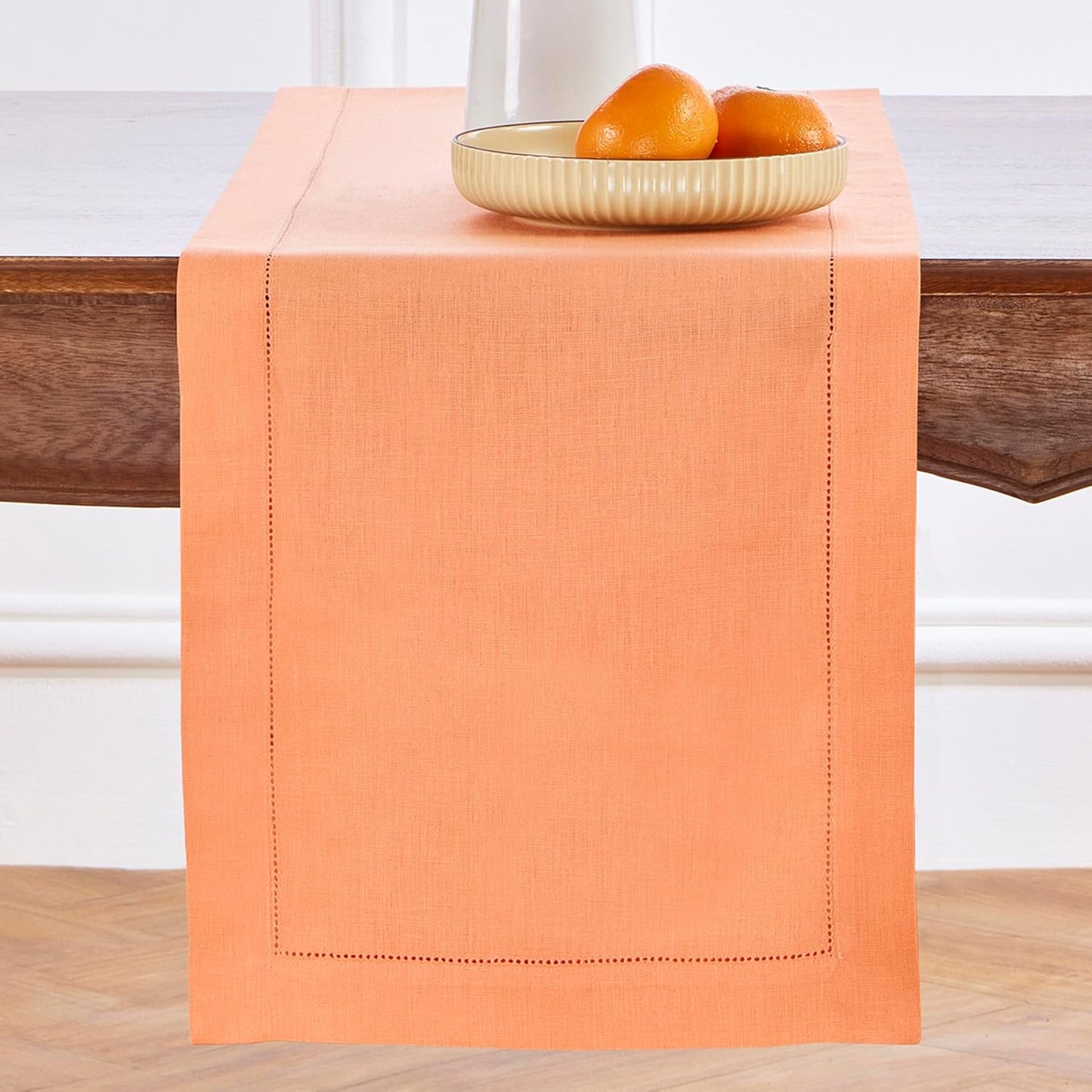 Solino Home Linen Table Runner 90 Inches Long - 100% Pure Linen Coral Table Runner 14 x 90 Inch - Classic Hemstitch
