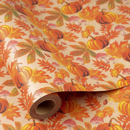 RUSPEPA Fall Wrapping Paper Roll, Mini Roll, Watercolor Pumpkin, Autumn Leaf and Mushroom Design, Autumn Kraft Gift Wrap Paper for Thanksgiving, Fall Party, Harvest, 17 Inches x 16.4 Feet