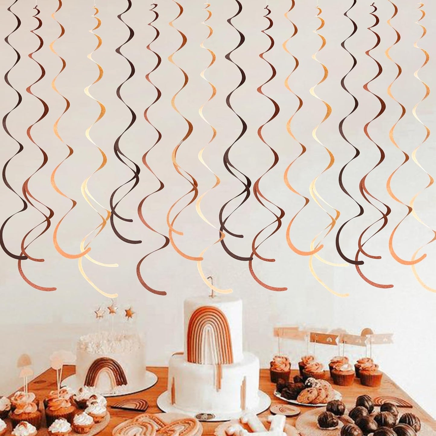 36 Pcs Brown Hanging Swirl Decorations Ombre Cream Tan Brown Felt Swirl Streamer Spiral Ceiling Garland for Boho Neutral Safari Woodland Rustic Cowboy Western Teddy Bear Birthday Baby Shower Wedding