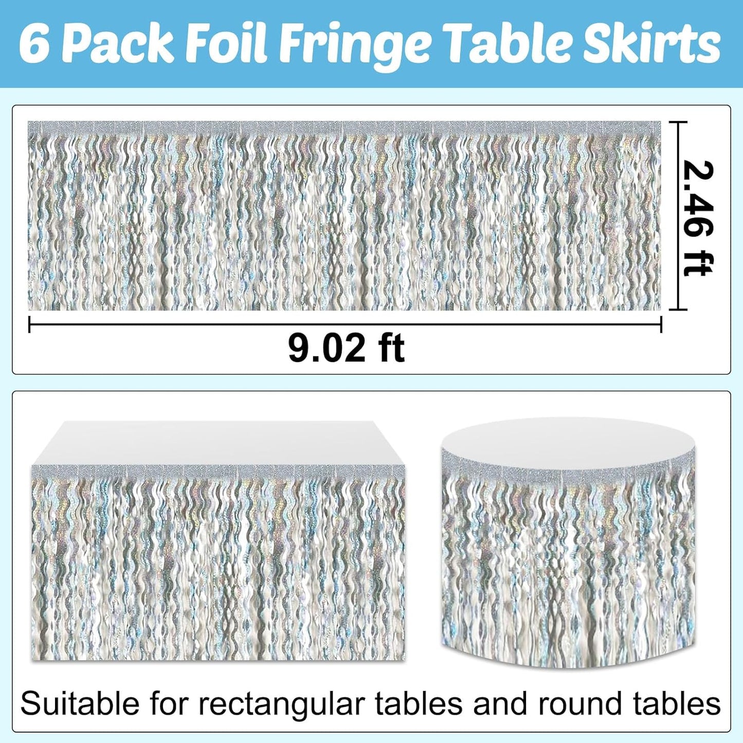 6 Pack 29x108 Inch Silver Wave Foil Fringe Table Skirts Metallic Banner for Tinsel Streamer Garland Backdrop for Parade Floats Mother's, Graduate, Mardi Gras, Birthday, Wedding Party Decorations