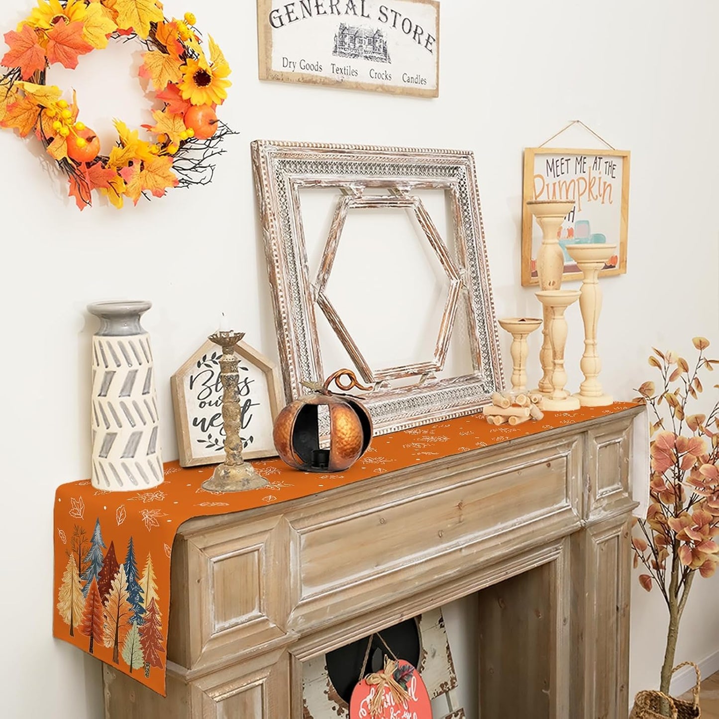 GEEORY Fall Watercolor Trees & Maple Leaves Table Runner 13x48 Inch, Rustic Farmhouse Autumn Thanksgiving Decor for Kitchen, Dining, Indoor/Outdoor Holiday Dinner Party Orange GT158-48