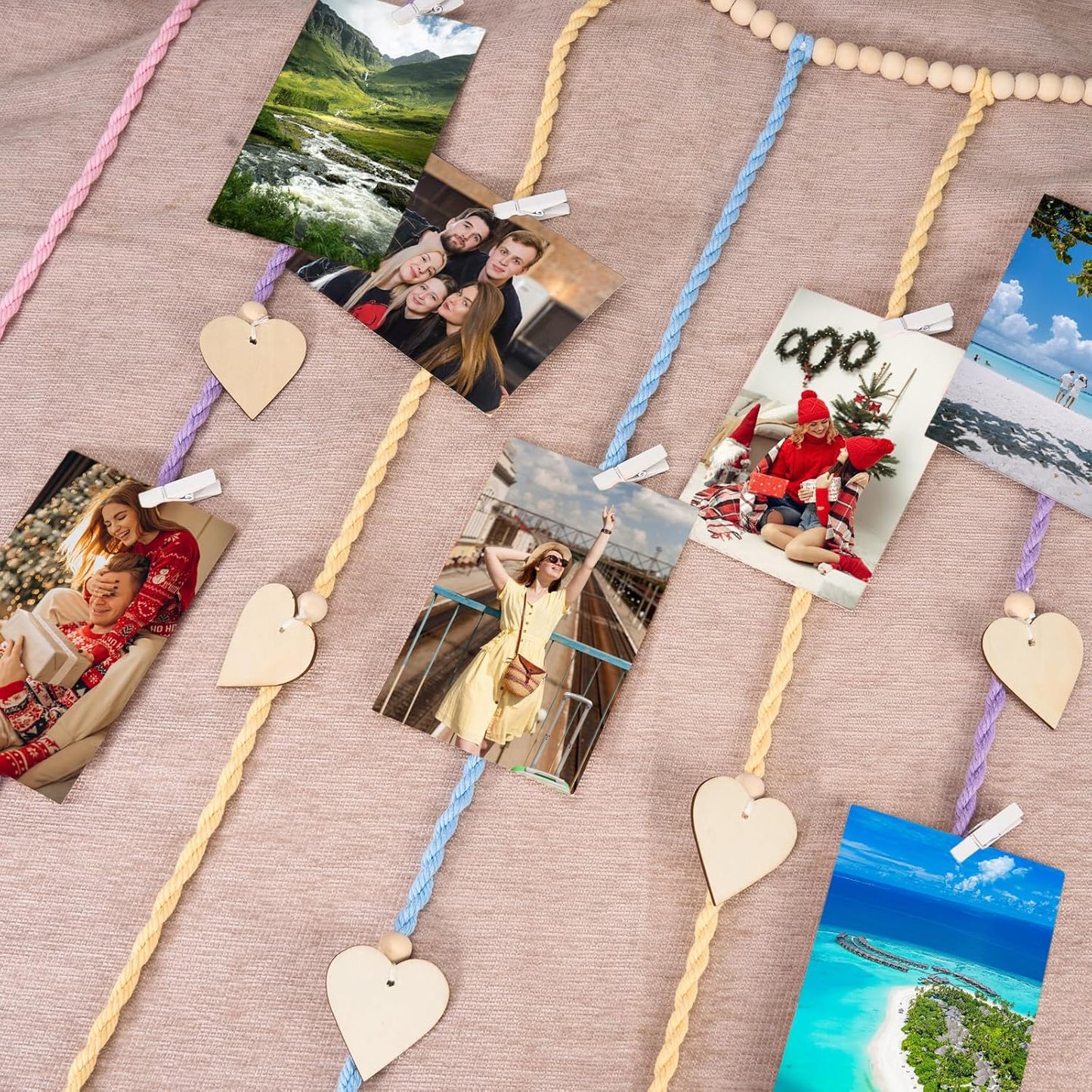 Boho Macrame Wall Decor with Hanging Photo Display and Fairy Lights 14 Wood Clips Picture Frame Holder for Teen Girl Gifts Bedroom Dorm Decor Christmas Birthday Party Art Hanging Decor