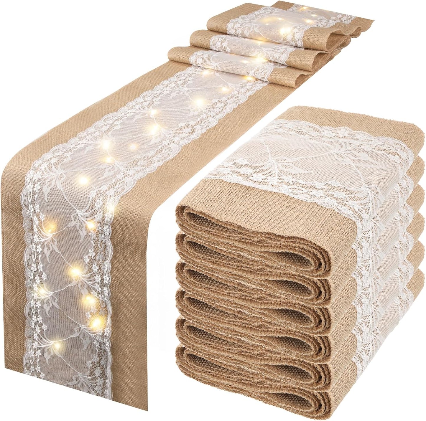 Xinnun 6 Pack Burlap Table Runner with LED String Lights, Modern Rustic Lace Natural Vintage Boho Jute Wedding Table Decor for Farmhouse Thanksgiving Christmas(Farmhouse Rustic Burlap,12x70 Inches)