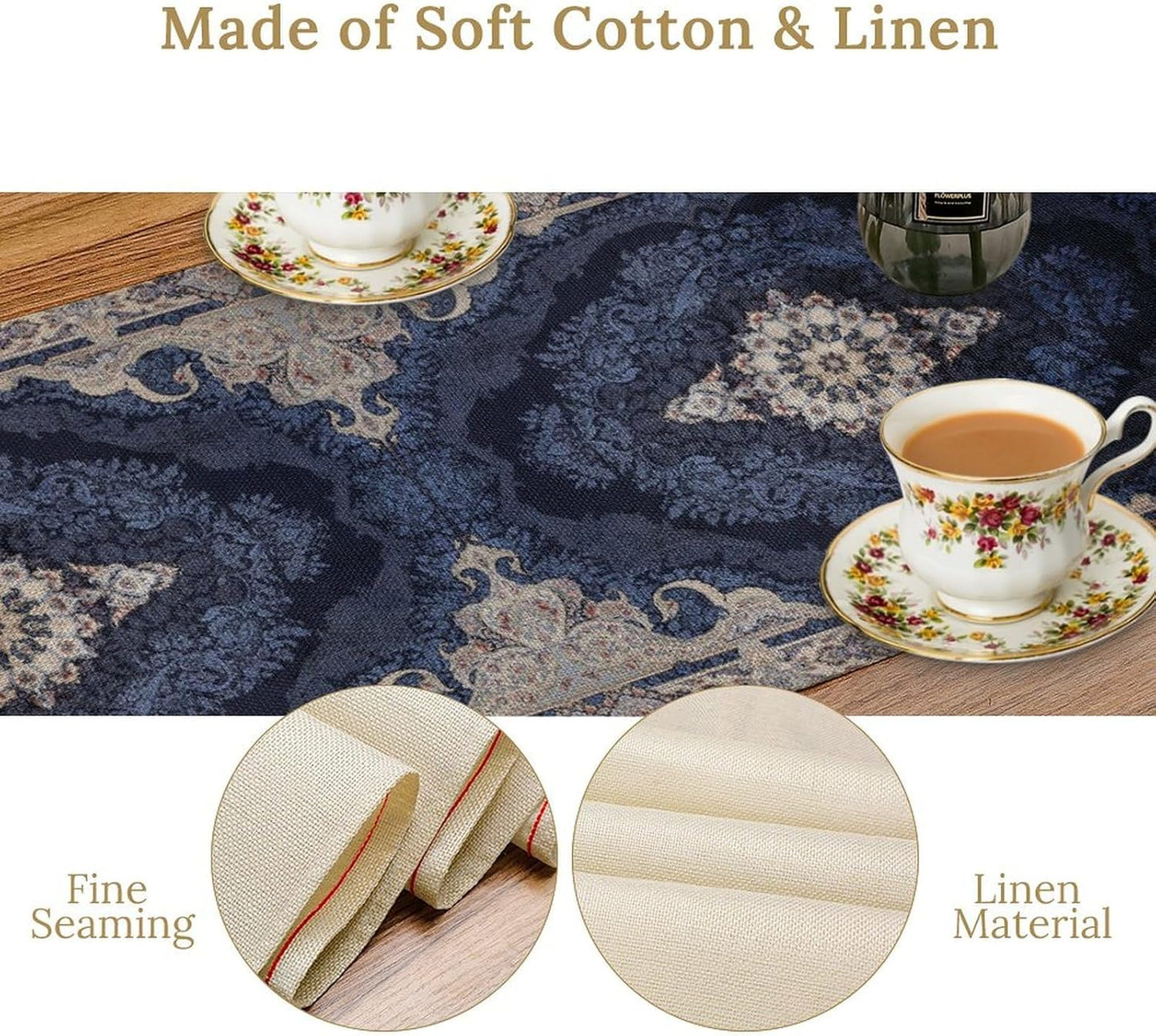 Vintage Boho Floral Table Runner, Rustic Country Farmhouse Dark Blue Grey Retro Flower Pattern for Home Kitchen Table Decor Dining Coffee Room Party Decor 13x90in