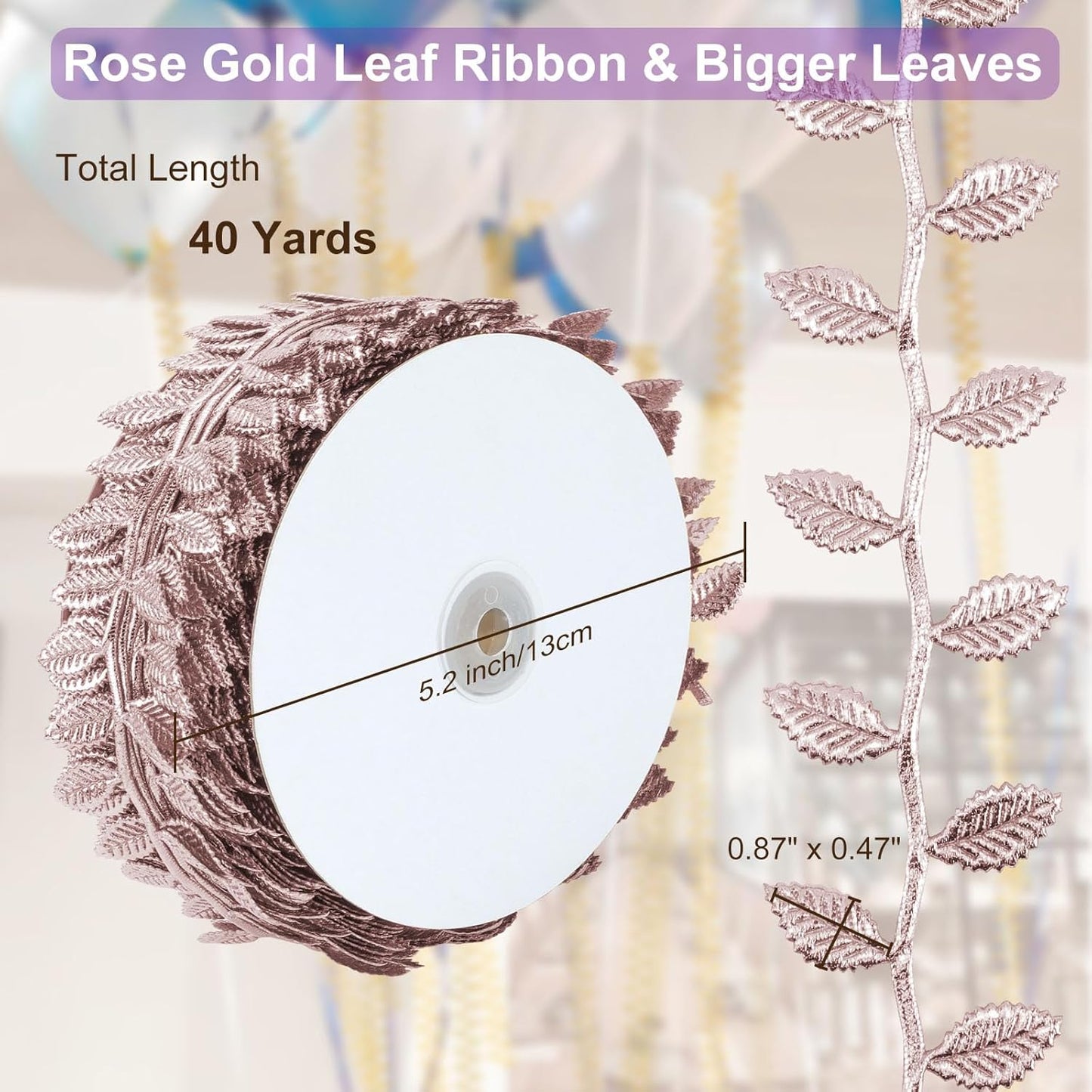 Naidiler Rose Gold Leaf Ribbon, Artificial Vines Leaves String Trim Ribbon Wild Jungle Botanical Greenery for Baby Shower Party Wedding Home Wreaths & DIY Craft (Rose Gold 120Ft)