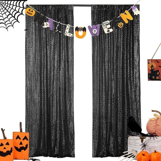 Hahuho Black Sequin Backdrop Curtain, 2PCS 2FTx8FT Glitter Backdrop Curtain for Parties, Christmas, Wedding, Party Decoration（2 Panels, 2FT x 8FT, Black