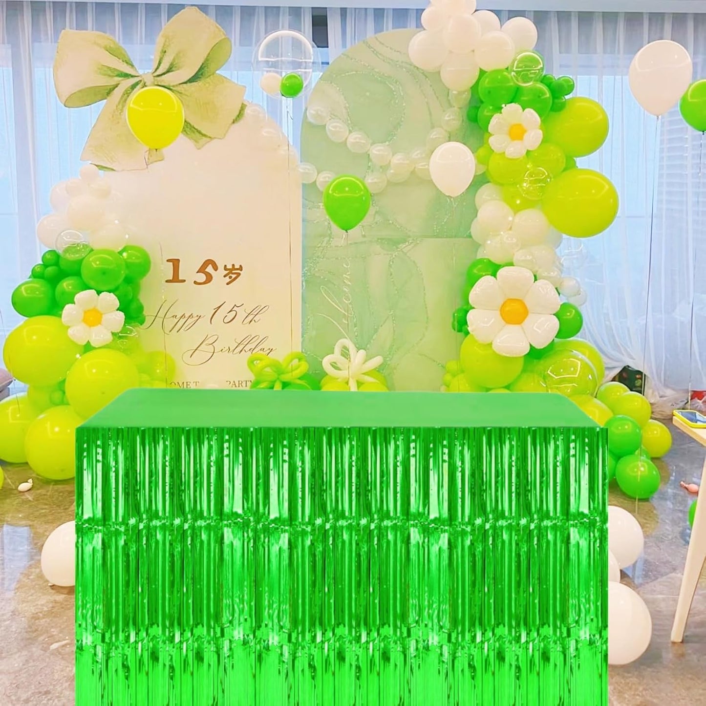 Green Streamers Party Decorations, 2 Packs Green Table Skirts Metallic Foil Fringe Tinsel for Birthday Dinosaur Animal St Patrick's Day Football Mardi Gras Graduation Party Supplies -29x108Inch