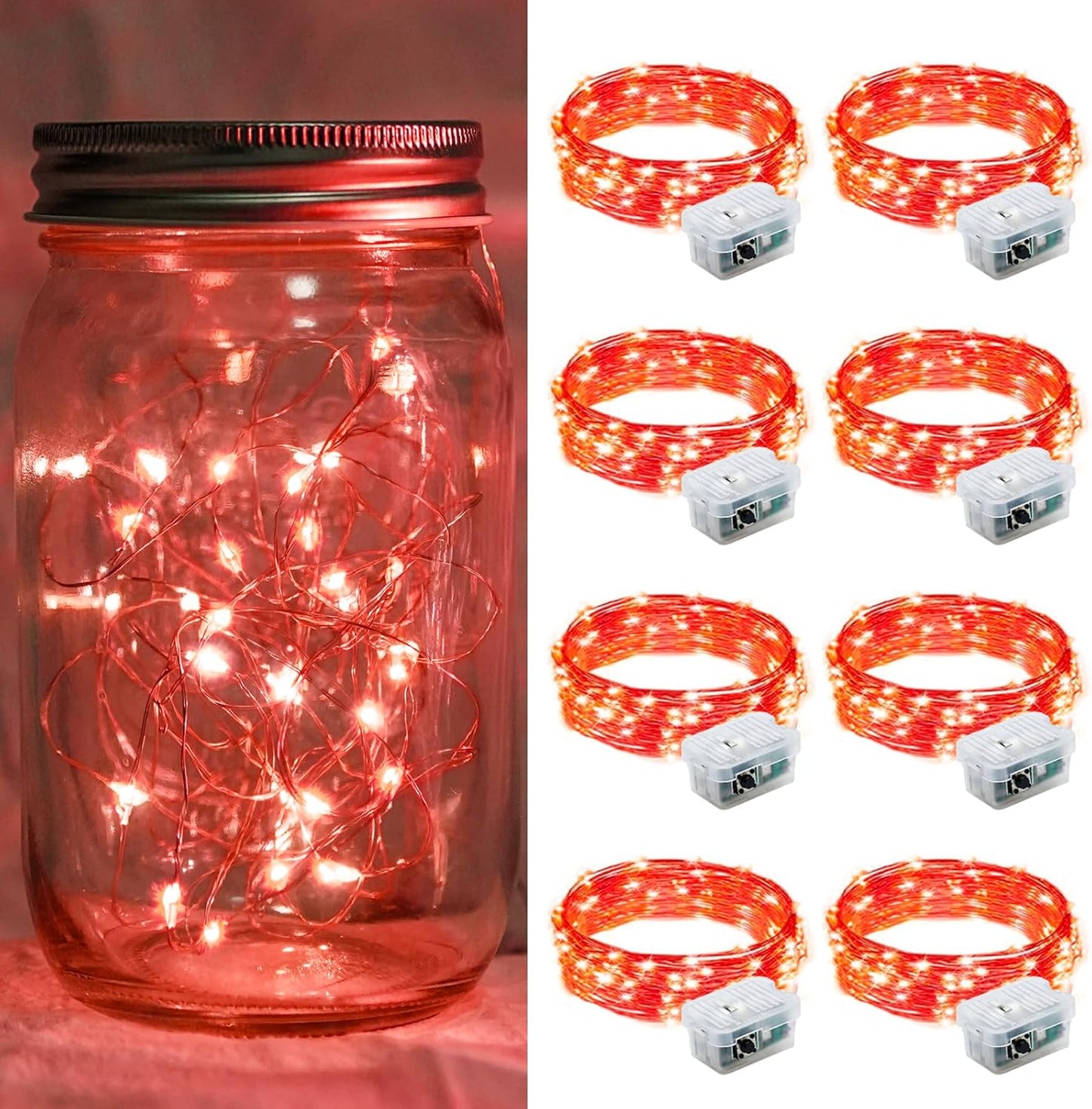 8 Pack Red Fairy Lights 7Ft 20 LED Twinkle String Lights 3 Modes Battery Operated Waterproof Firefly Starry for Mason Jar Party Wedding Christmas Valentines Day Table Centerpieces