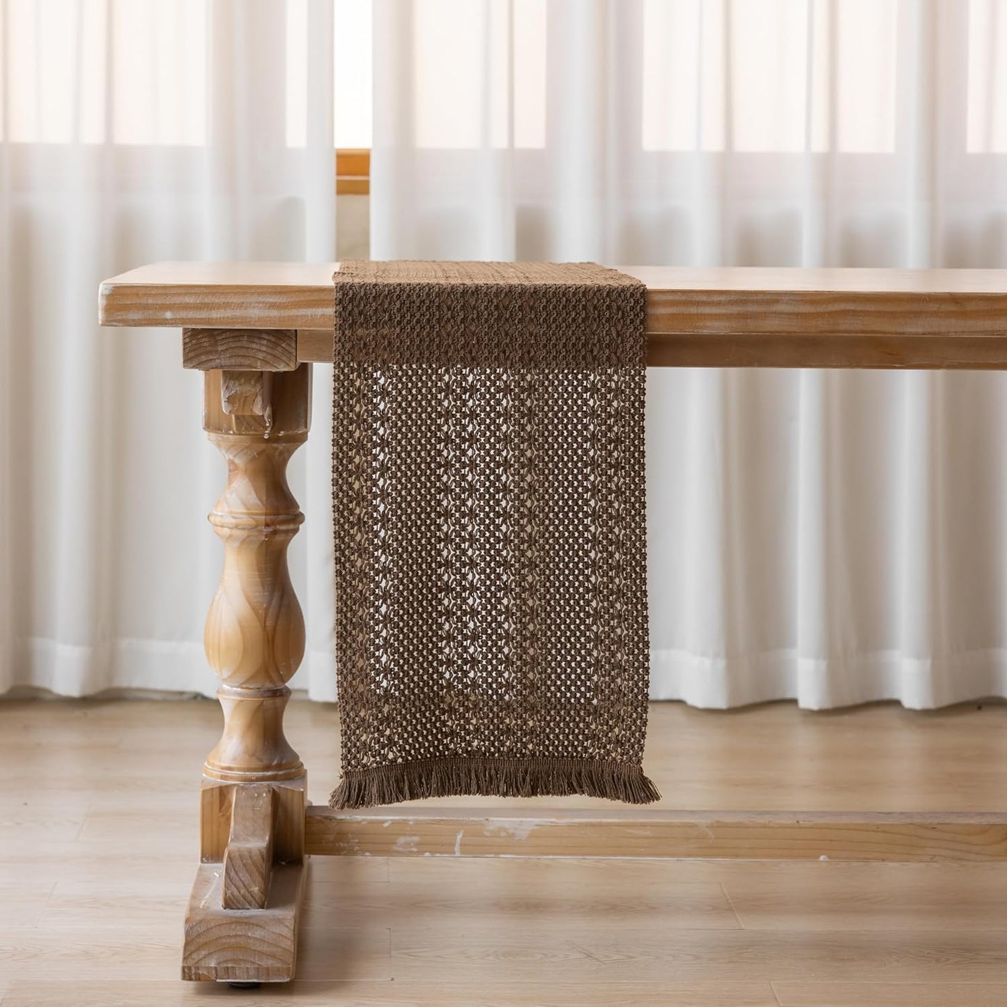 Boho Brown Table Runner for Home Decor 12x72 Inches Farmhouse Macrame Burlap Jute Rustic Dining Kitchen Centerpiece Bohemian Decor French Country Baby Bridal Shower Decorations