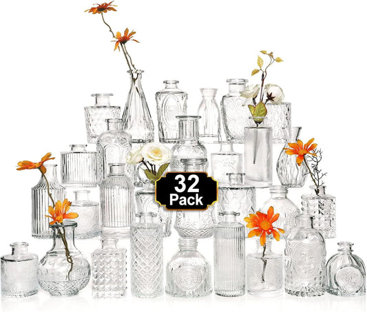 Arme Glass Bud Vase Set of 32 Pcs，Small Glass Vases for Flowers，Clear Bud Vases in Bulk，Vintage Vases for Centerpieces，Small Glass Bud Vase for Rustic Wedding Decorations，Home Table Flower Décor