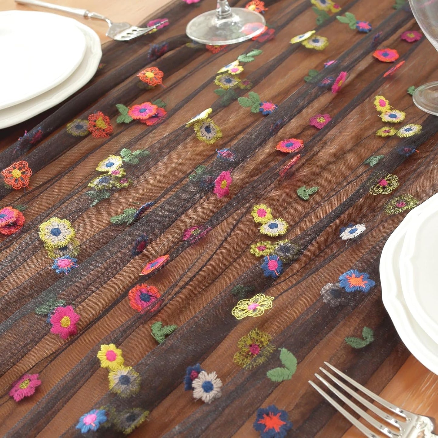 Black Embroidery Daisy Fall Table Runner 120Inch 10FT Florals Soft Sheer Tulle Fabric Table Runner for Home Decor, Brithday, Wedding, Baby Shower ,Holiday ,Parties, DIY Craft,3PC