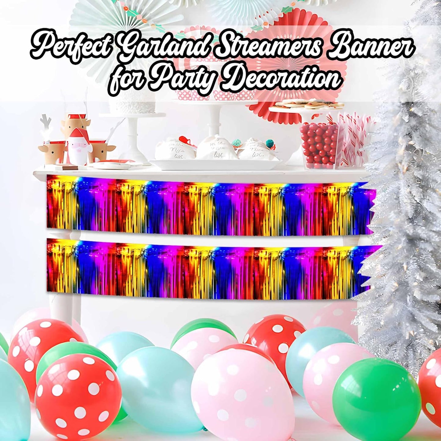 6 Pack 10 Ft Rainbow Foil Fringe Garland Metallic Streamers Tinsel Banner Wall Hanging Garland Backdrop for Parade Floats, Halloween, Christmas, Thanksgiving, New Year Party Decorations