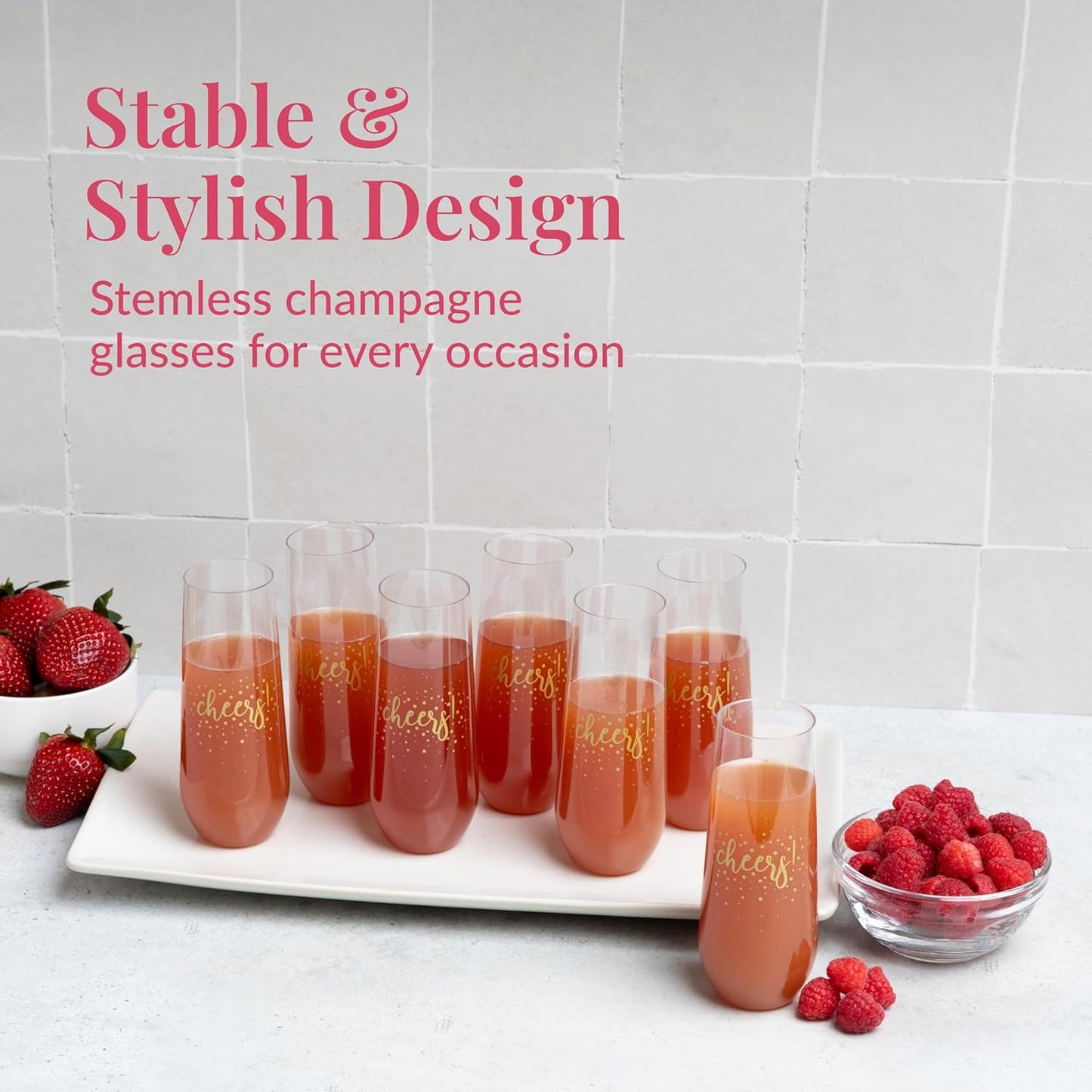 Prestee 24 Pack Stemless Plastic Champagne Flutes - 9 Oz Disposable Cheers Toast Cups for New Years Eve - Shatterproof Drinkware for Cocktails, and Mimosa Bar Supplies