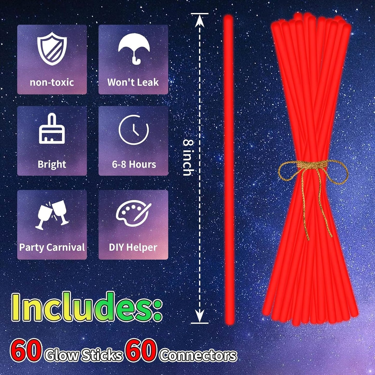 60 Pack 8” Red Glow Sticks Bulk with 60 Connectors Neon Glow In The Dark Party favors Supplies for Holiday Birthday Party Decoration (Red)