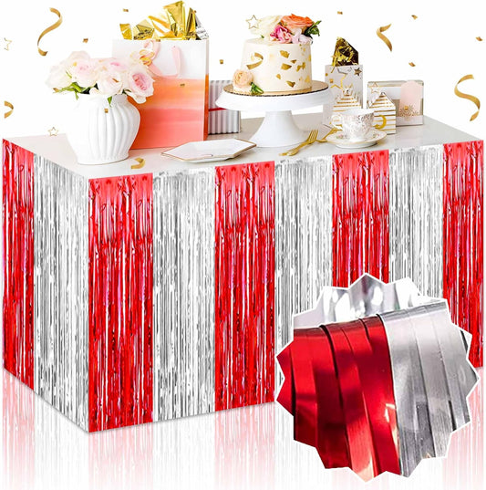 3 Pack Red and Silver Foil Fringe Table Skirts Metallic Tinsel Streamers Garland Banner Backdrop for Table Decor, Parade Float, Birthday, Wedding, Halloween, Christmas Party Decorations(29x108 In)