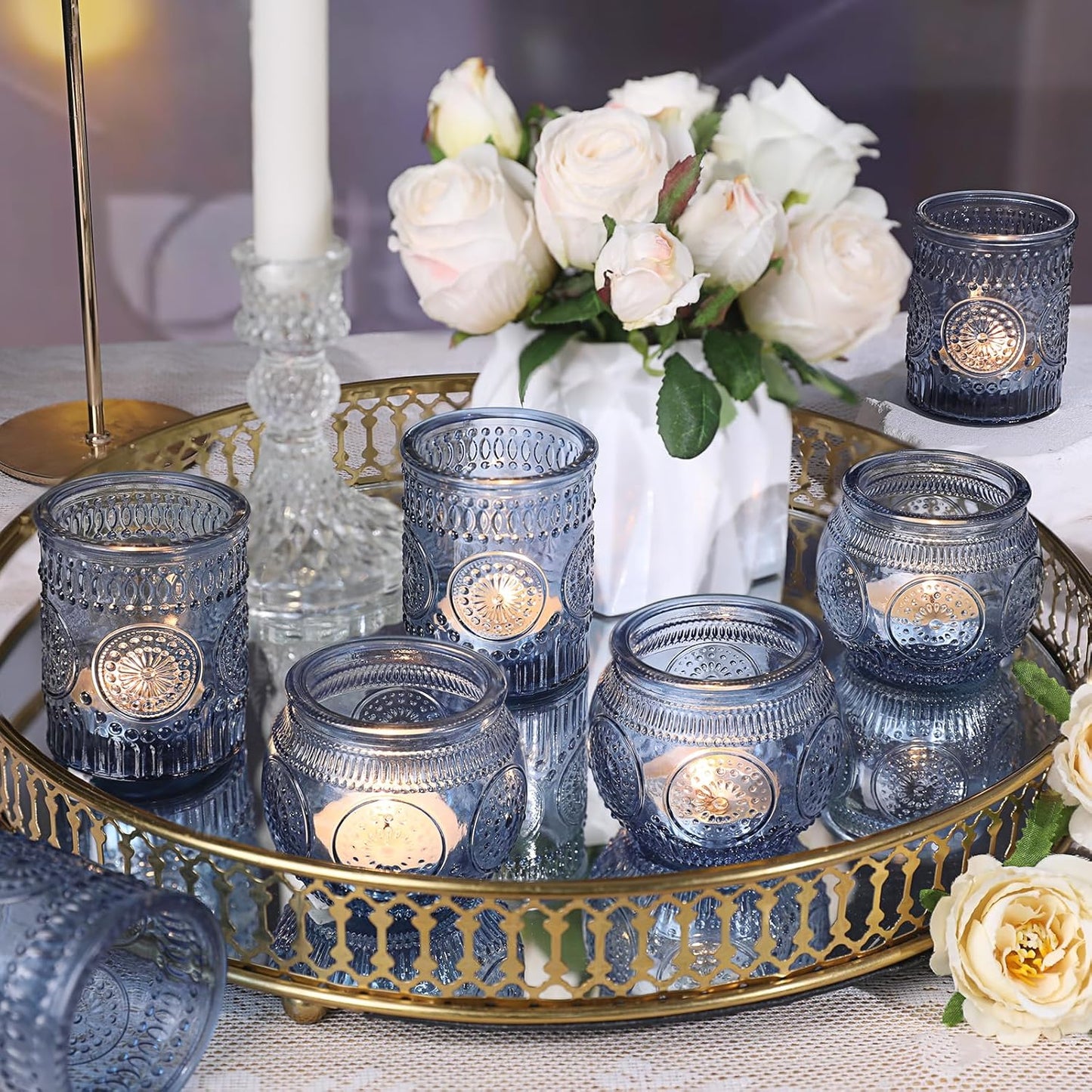 DARJEN 12Pcs Blue Votive Candle Holders - Votive Candle Holders Bulk, Glass Candle Holder for Party Decoration, Tea Lights Candle Holders for Wedding