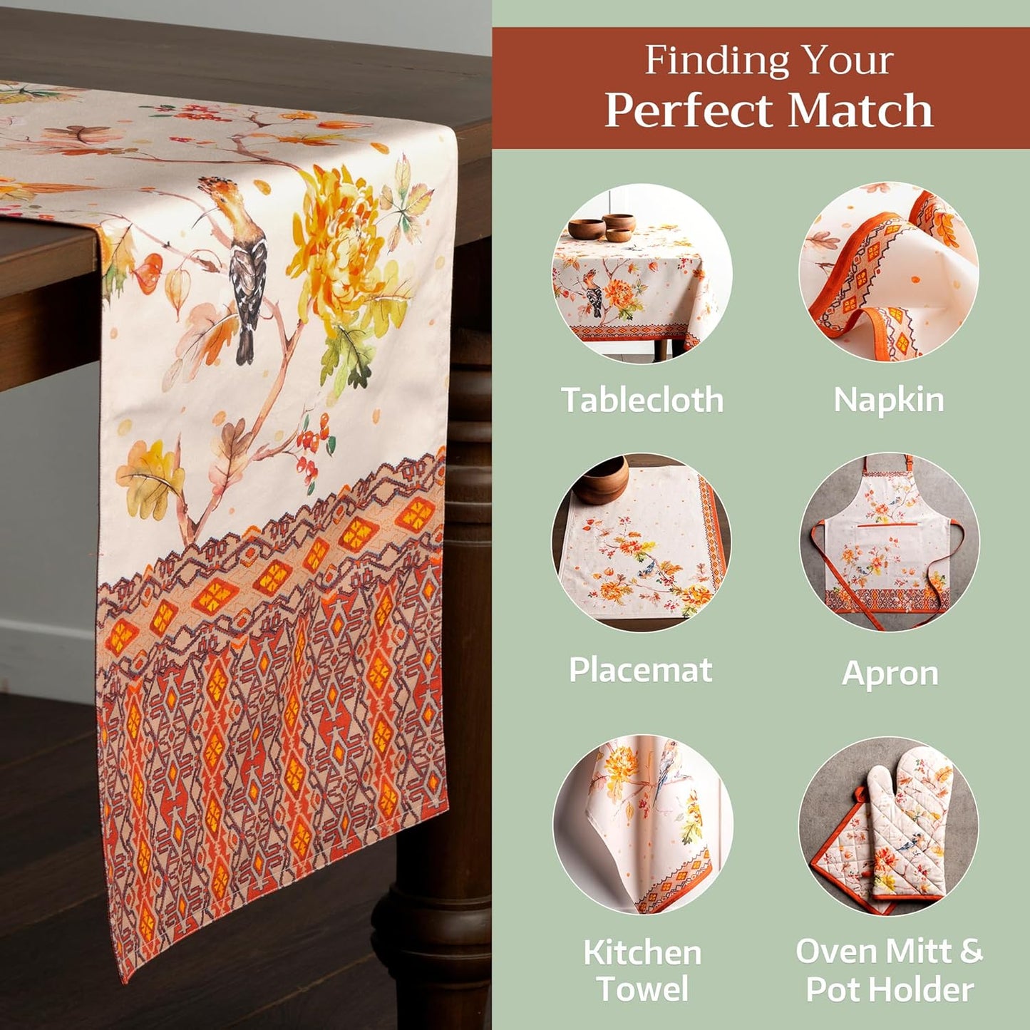 Maison d' Hermine Table Runner 100% Cotton Double Layer Table Runners 108 inches Long for Thanksgiving Christmas Decorations Home Kitchen Dining Party Wedding (Kelim - Prairie, 14.5" x 108")