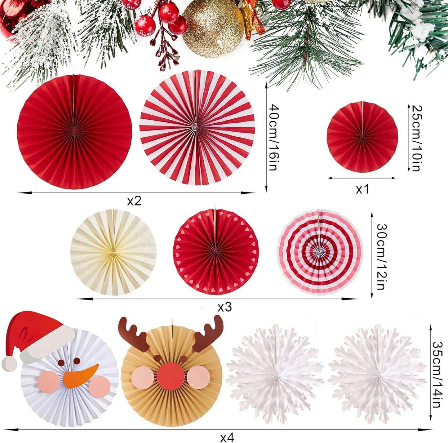 Christmas Hanging Paper Fans Decoration Red White Xmas Snowman Party Ceiling Hangings Deco Elk Tissue Paper Fans Decoration Set for Backdrops Wall Winter Party Supplies - 10pcs