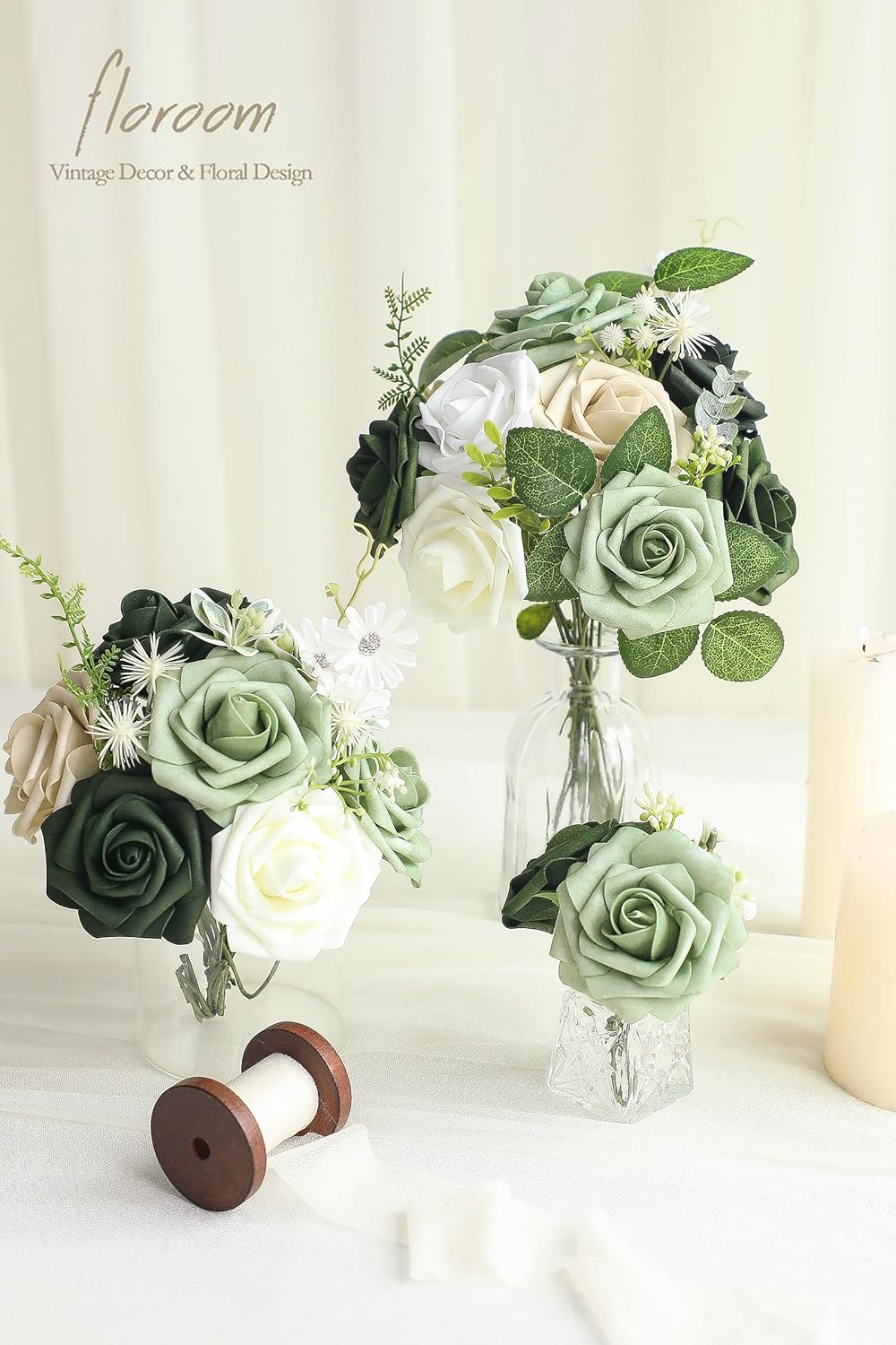 Floroom Artificial Flowers 50pcs Real Looking Elf Green Foam Fake Roses with Stems for DIY Wedding Bouquets Bridal Shower Centerpieces Sage Green Floral Arrangements Home Decorations