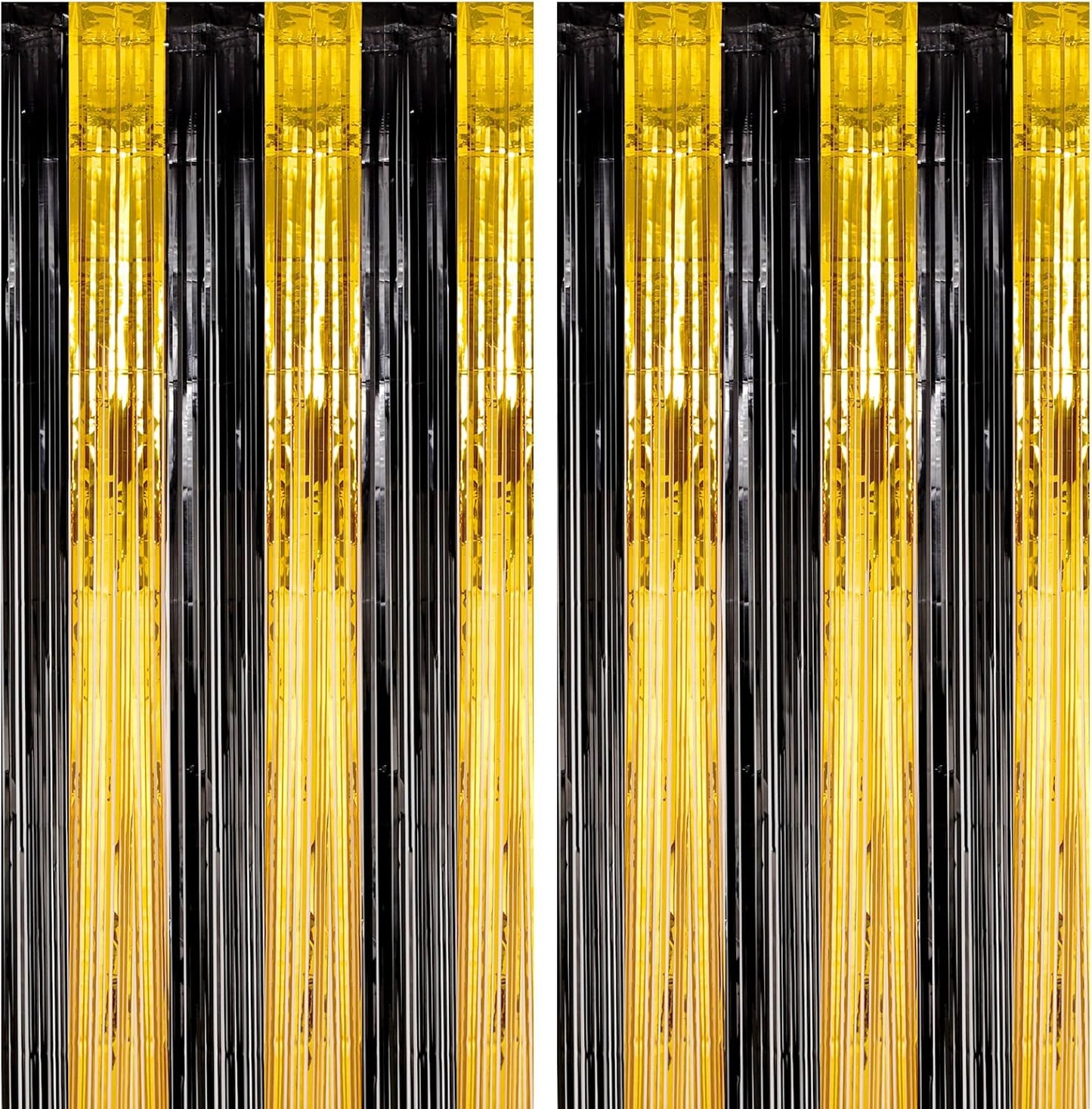 2 Pack Black and Gold Foil Fringe Backdrop Curtains, Tinsel Streamers Birthday Party Decorations, Fringe Backdrop for Graduation, Baby Shower, Gender Reveal, Disco Party
