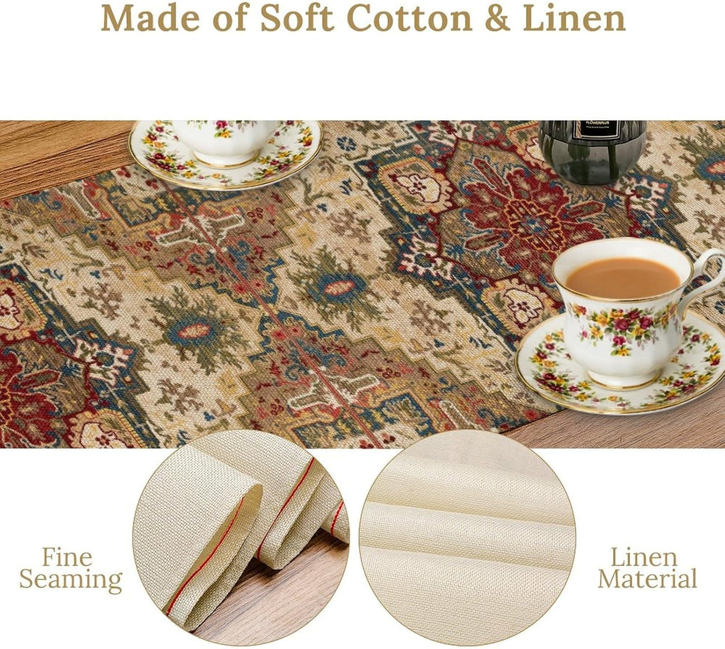 Boho Bohemia Style Table Runner, Vintage Yellow Brown Retro Flower Rustic Country Style Floral Print Pattern for Home Kitchen Table Decor Dining Coffee Room Garden Party Decor 13x108in