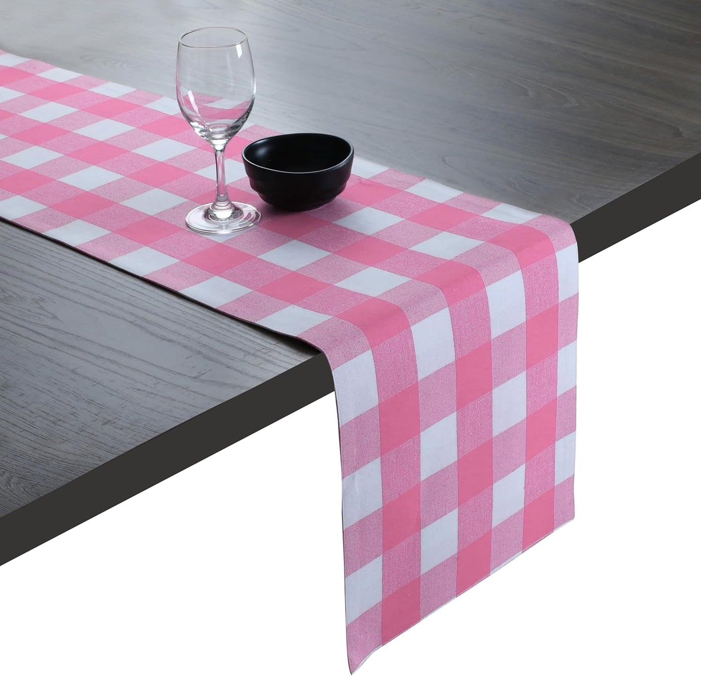 Native Fab Table Runner Buffalo Check Plaid 100% Cotton - 13x90 Inches Kitchen Dining Table Decoration for Indoor Outdoor Farmhouse Home Party Decor - Pink and White