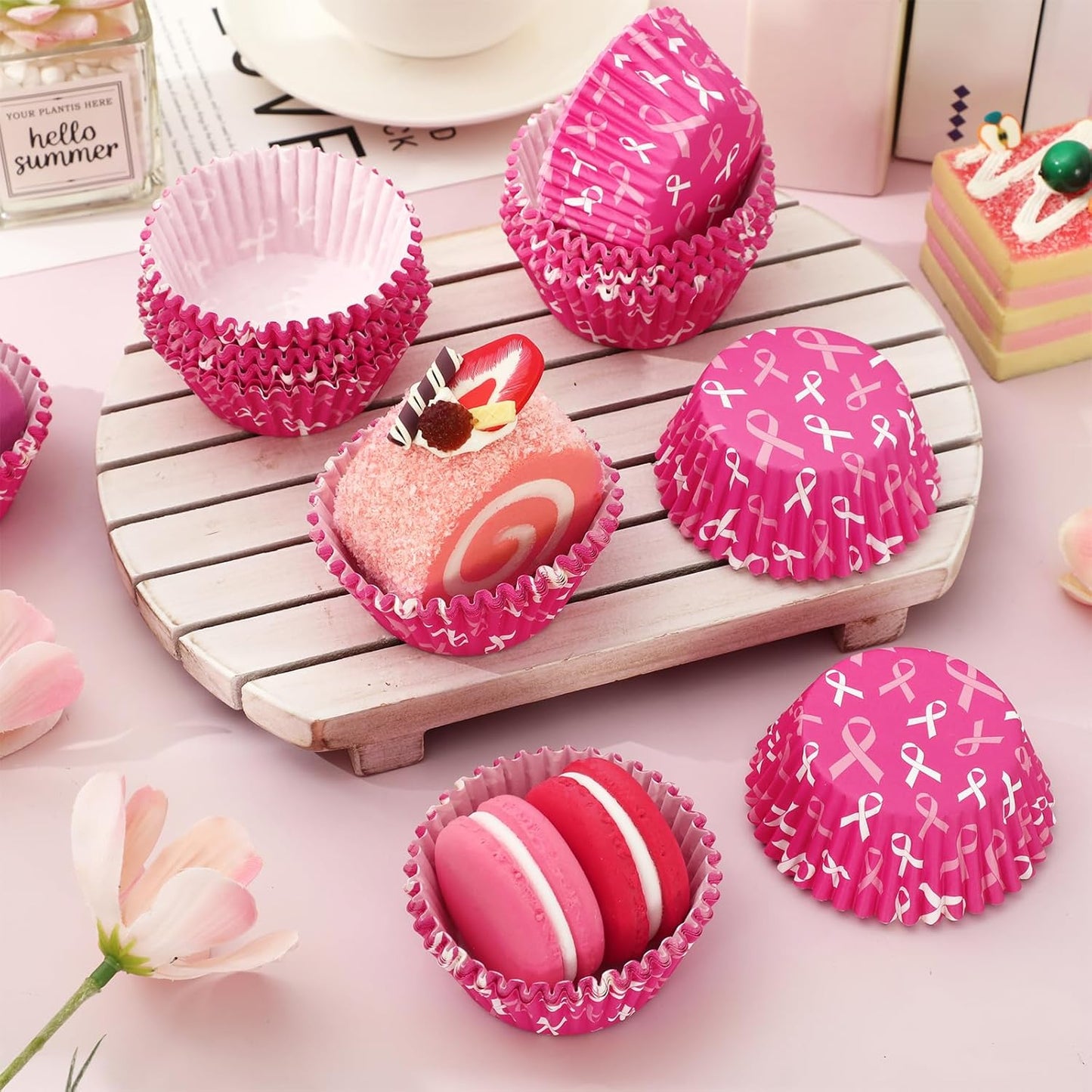 Whaline 300 Pcs Breast Cancer Awareness Cupcake Liners Pink Ribbon Cupcake Wrappers Muffin Liners for Women Breast Cancer Awareness Supplies, 2 x 1.2 Inch